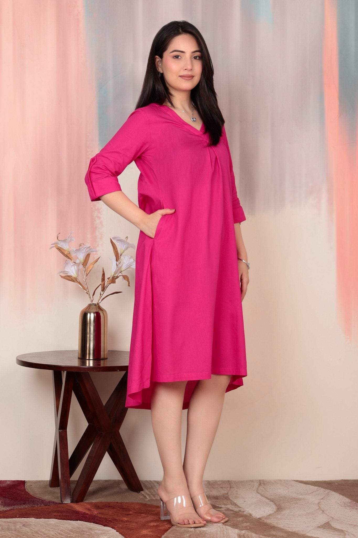 Magenta v-neck pleated dress with sleeves [100% pure cotton] -Cotton midi dress