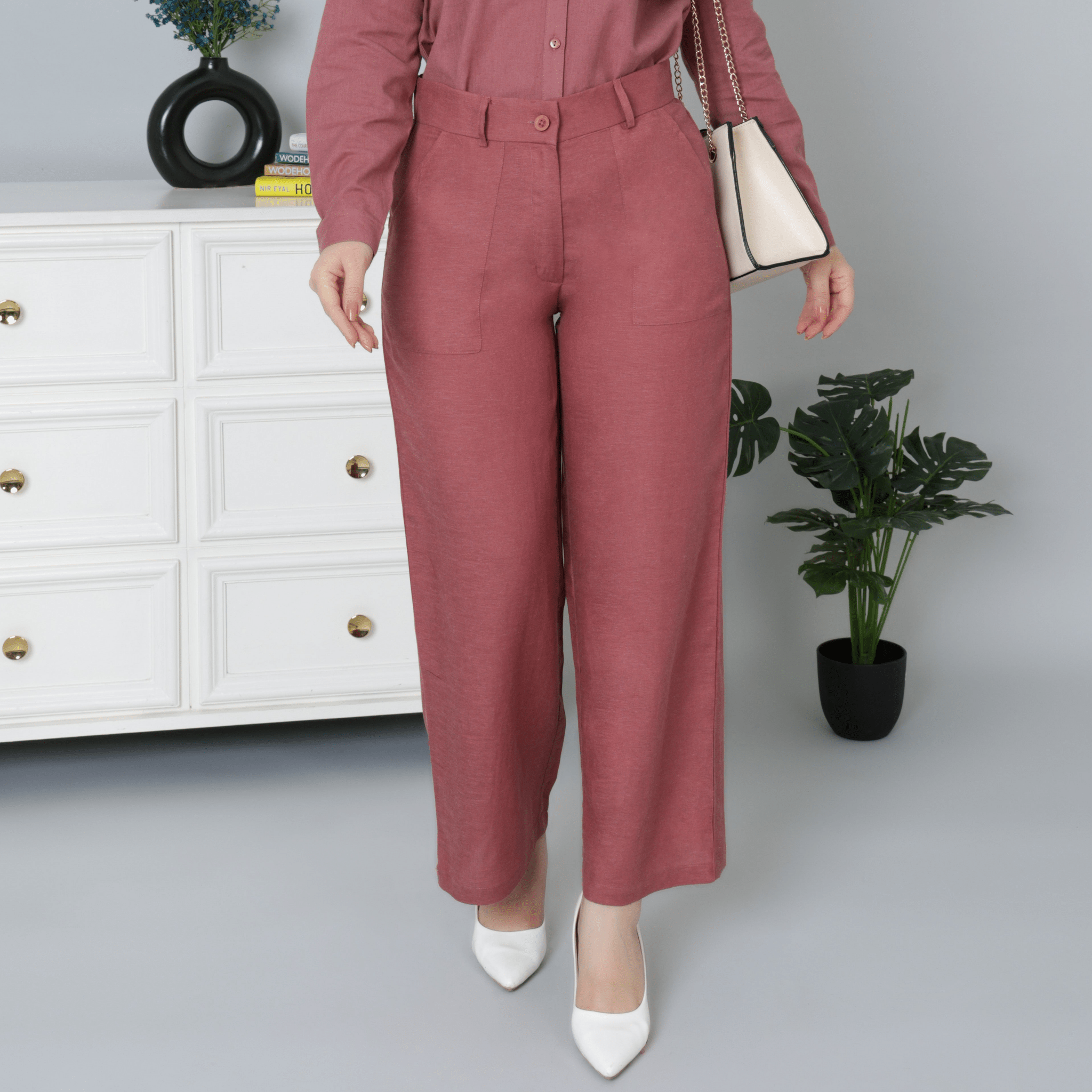 Maroon linen high waist pant - 