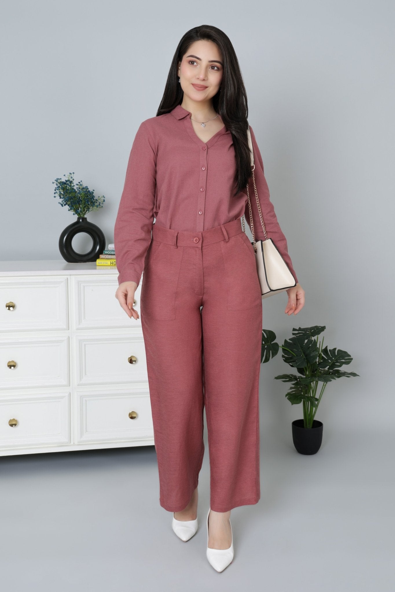 Maroon linen high waist pant - 