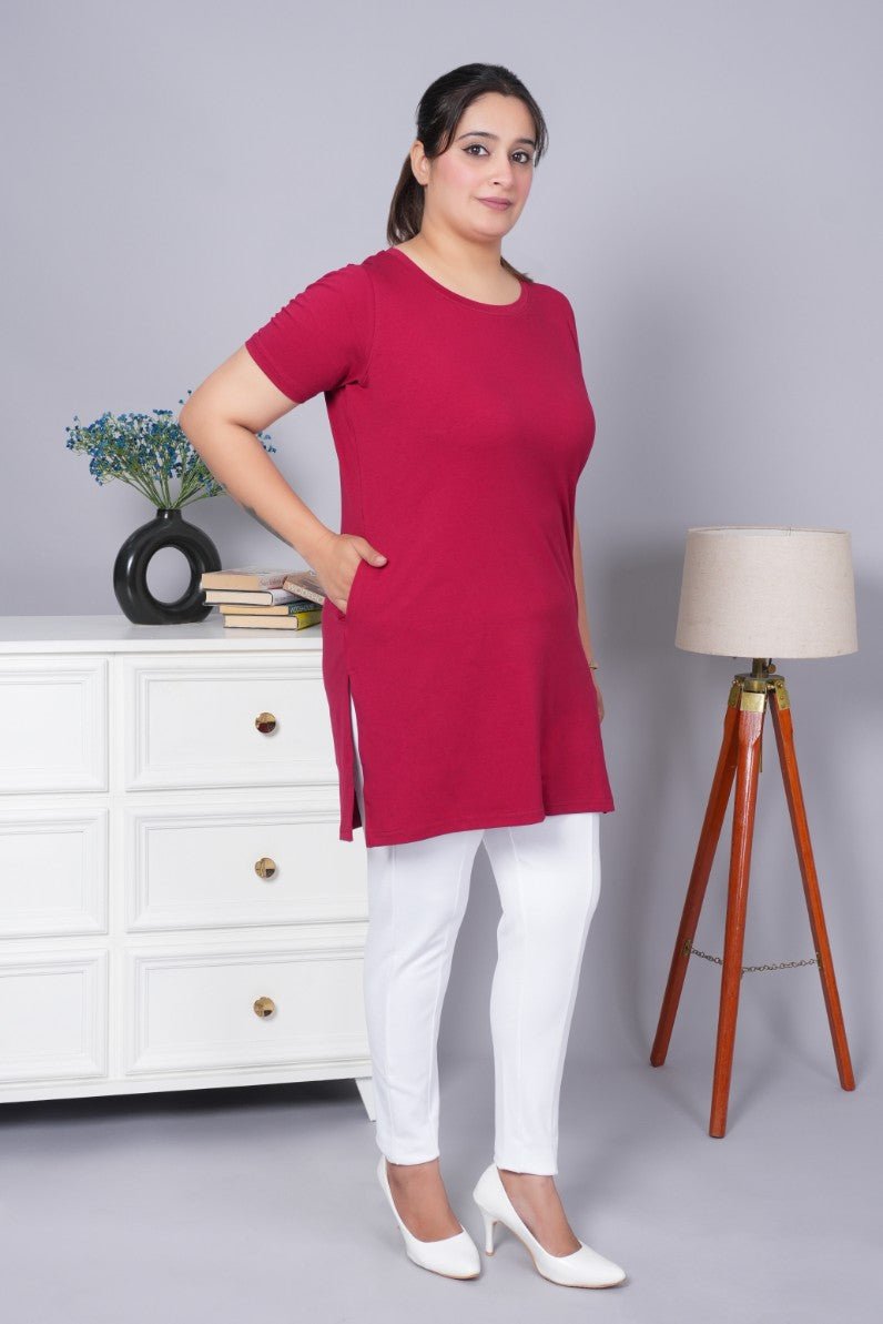 Maroon long round neck cotton t-shirt with pockets - Long cotton t-shirt