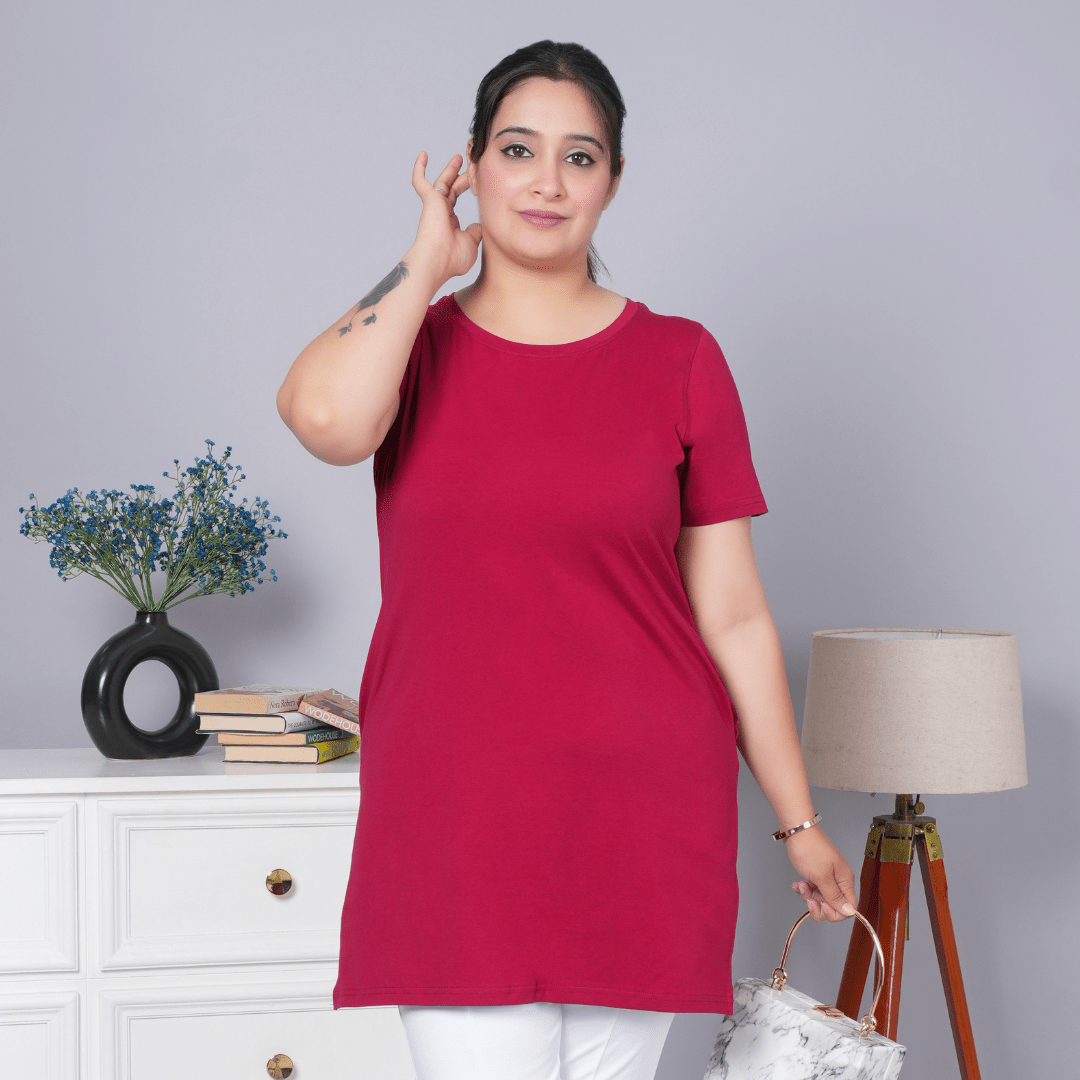 Maroon long round neck cotton t-shirt with pockets - Long cotton t-shirt