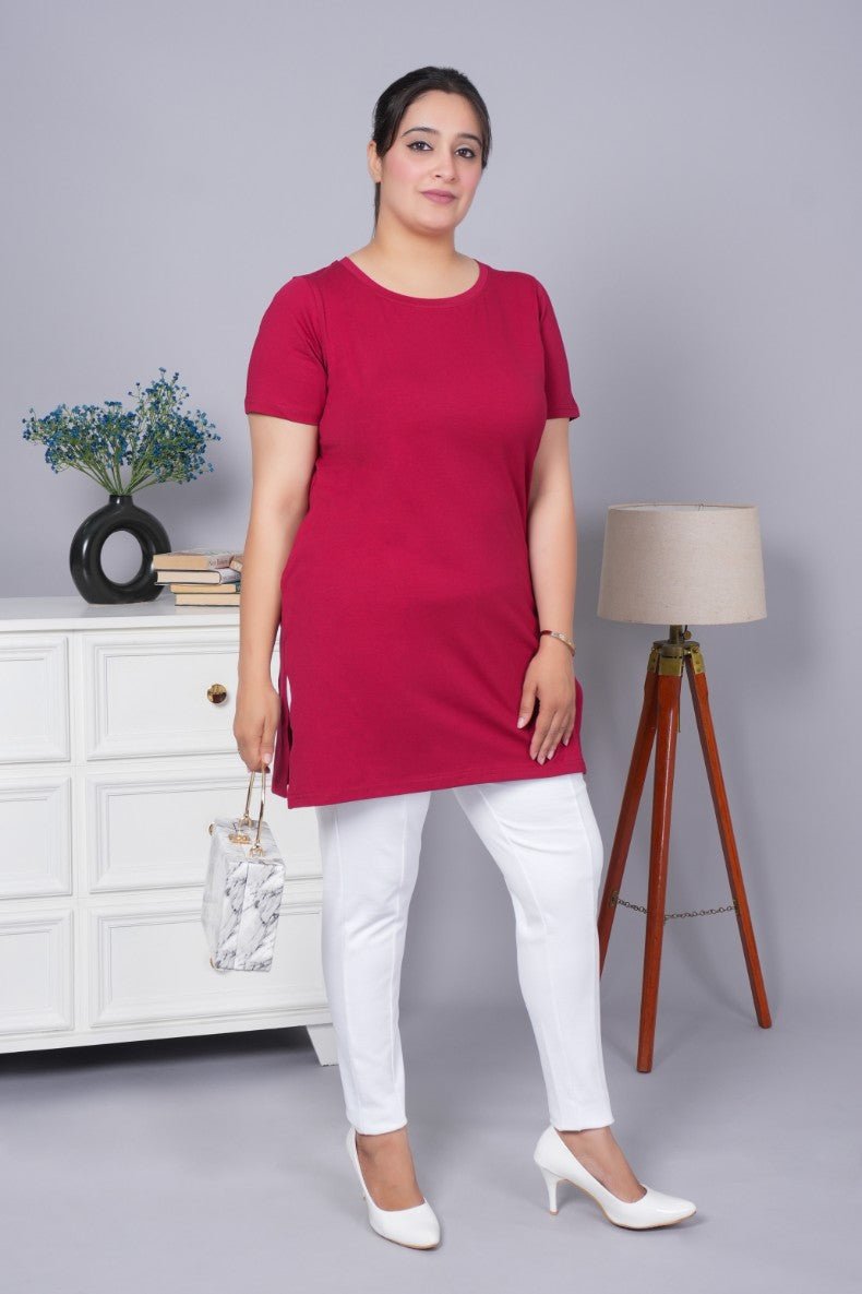 Maroon long round neck cotton t-shirt with pockets - Long cotton t-shirt