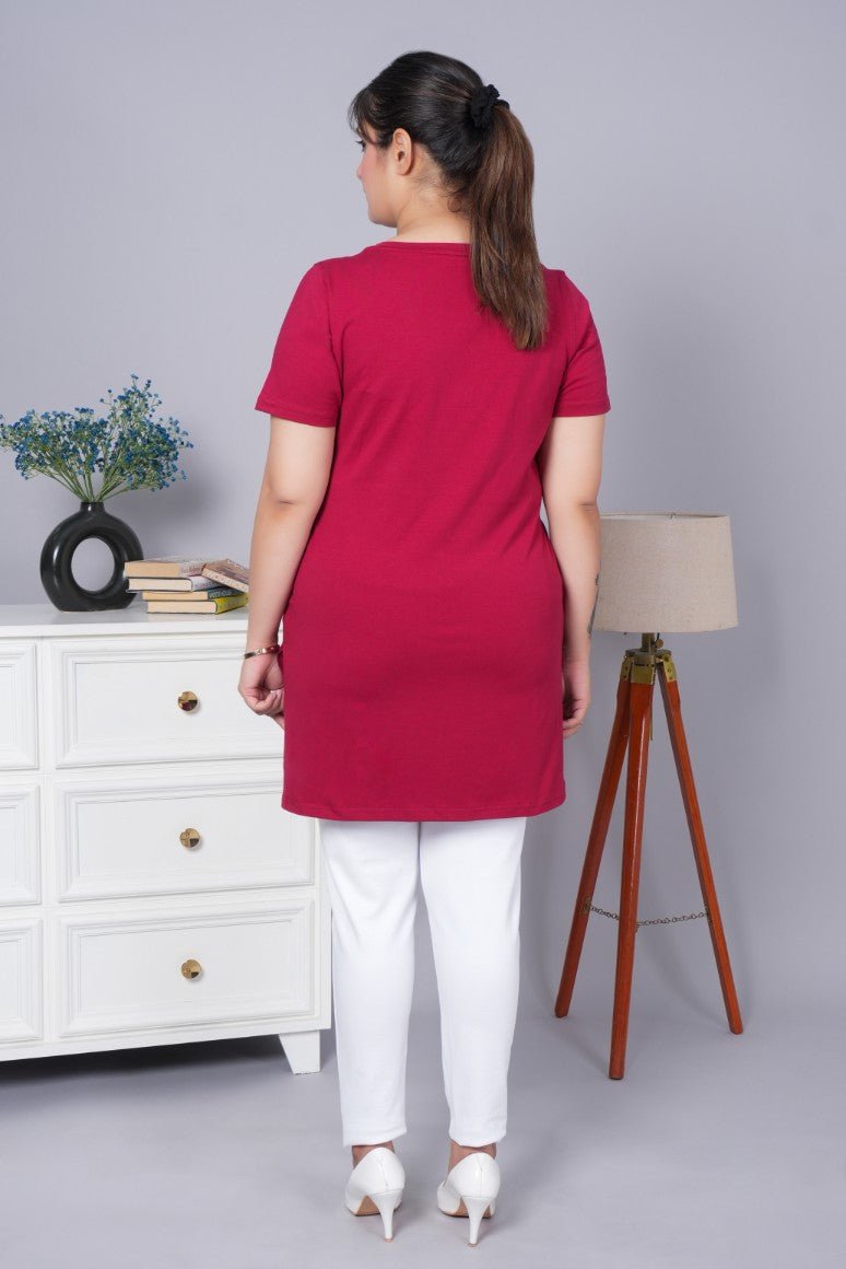 Maroon long round neck cotton t-shirt with pockets - Long cotton t-shirt