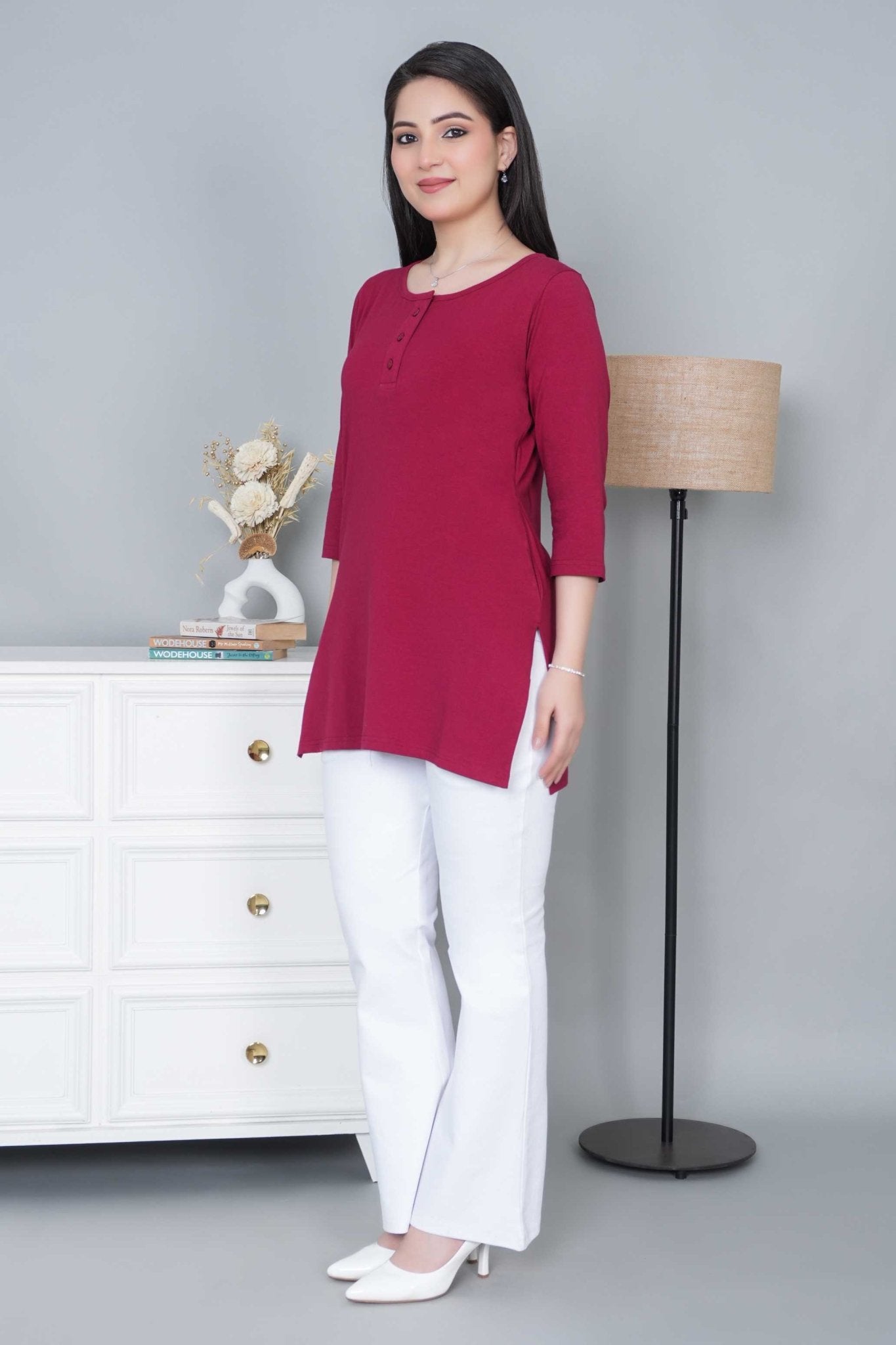 Maroon long round neck henley cotton lycra t-shirt with pockets - Long cotton t-shirt