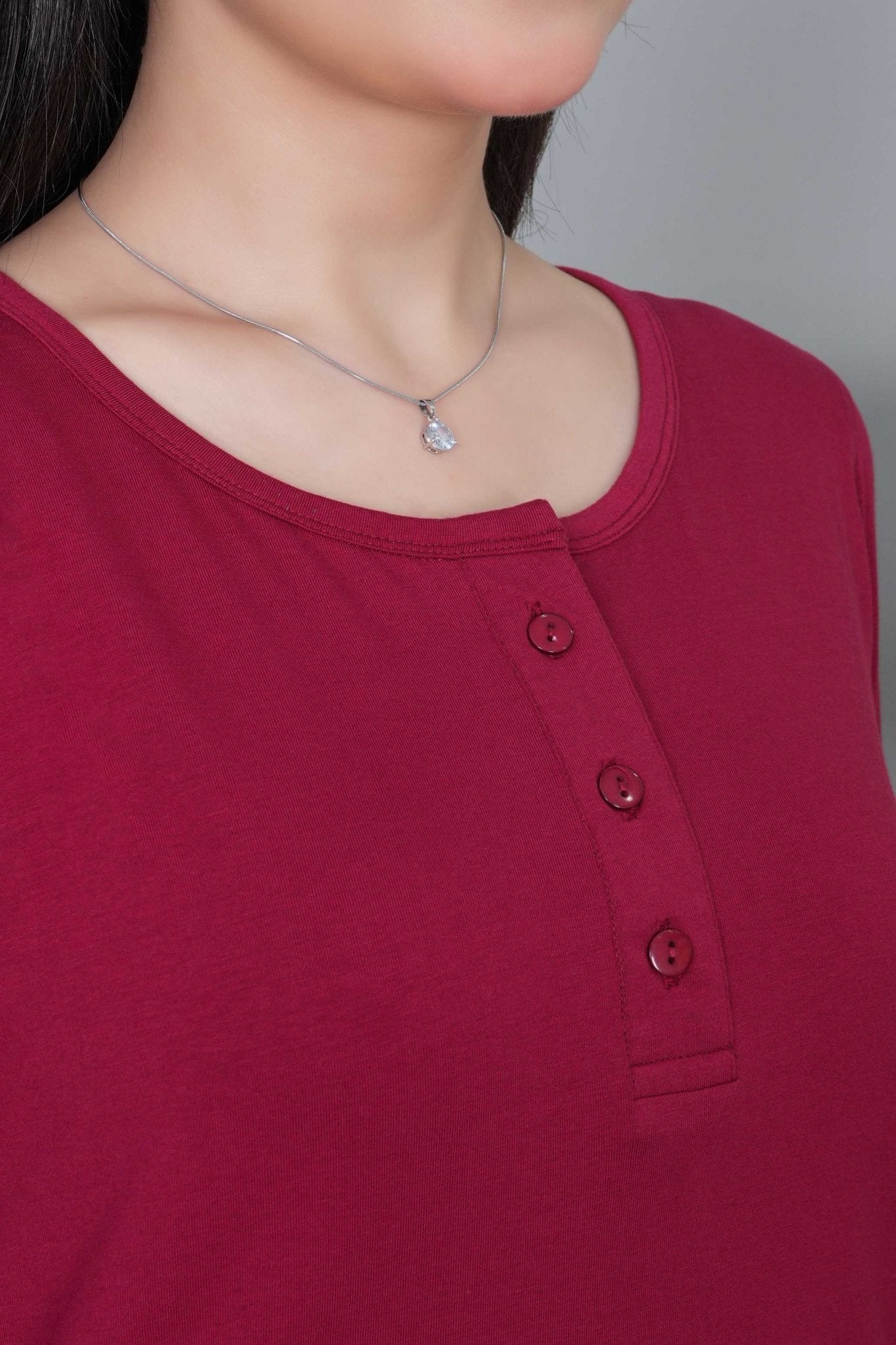 Maroon long round neck henley cotton lycra t-shirt with pockets - Long cotton t-shirt