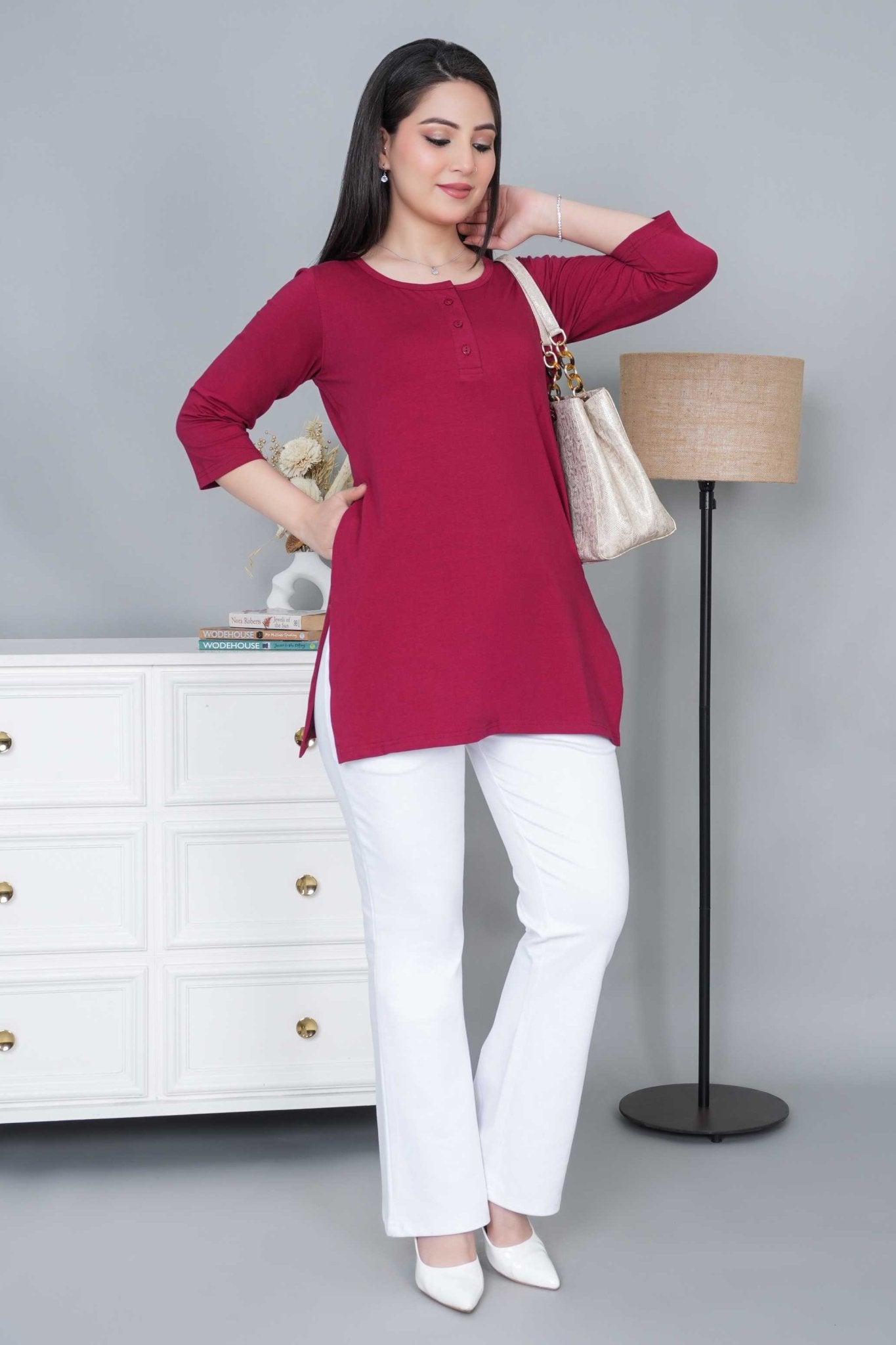 Maroon long round neck henley cotton lycra t-shirt with pockets - Long cotton t-shirt