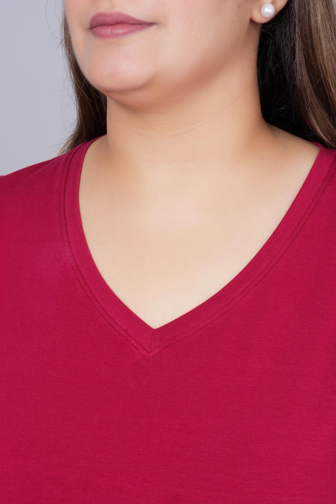 Maroon long v neck cotton lycra t-shirt with pockets - Long cotton t-shirt