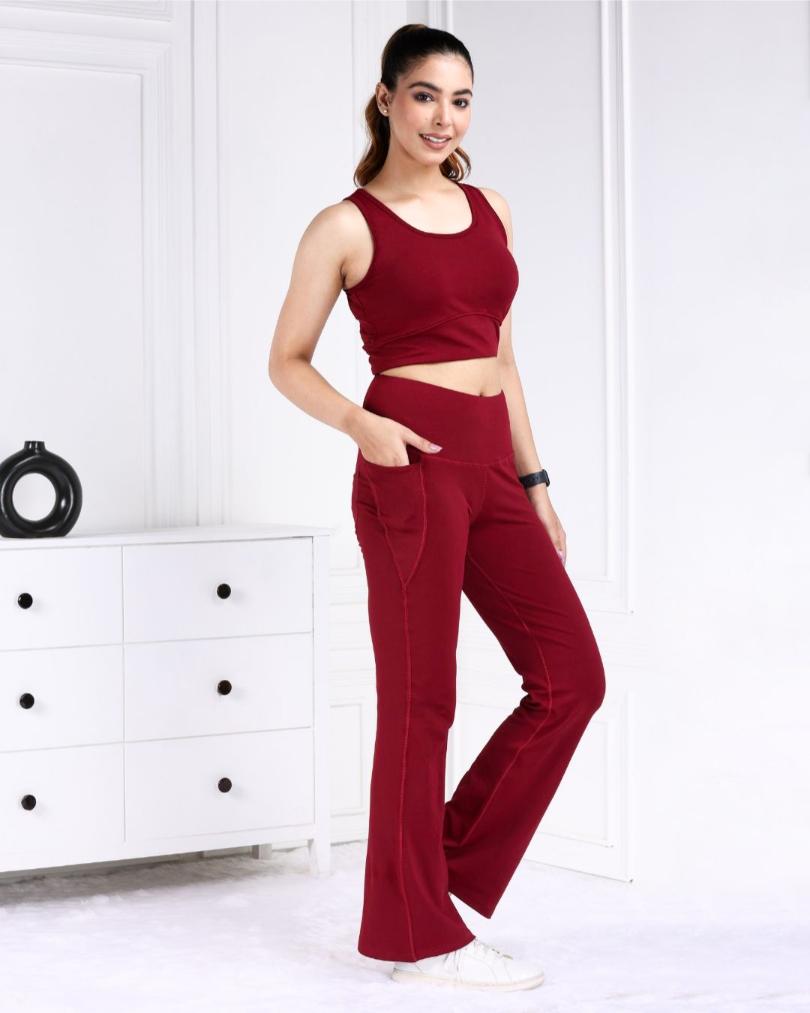 Maroon Melange Active Flare Pants - Active melange flare pants