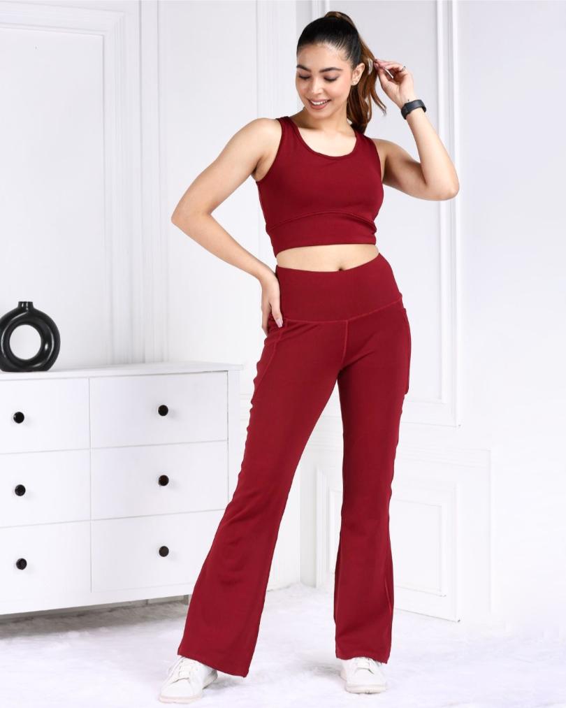 Maroon Melange Active Flare Pants - Active melange flare pants