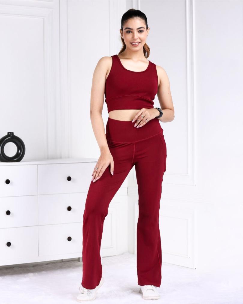 Maroon Melange Active Flare Pants - Active melange flare pants