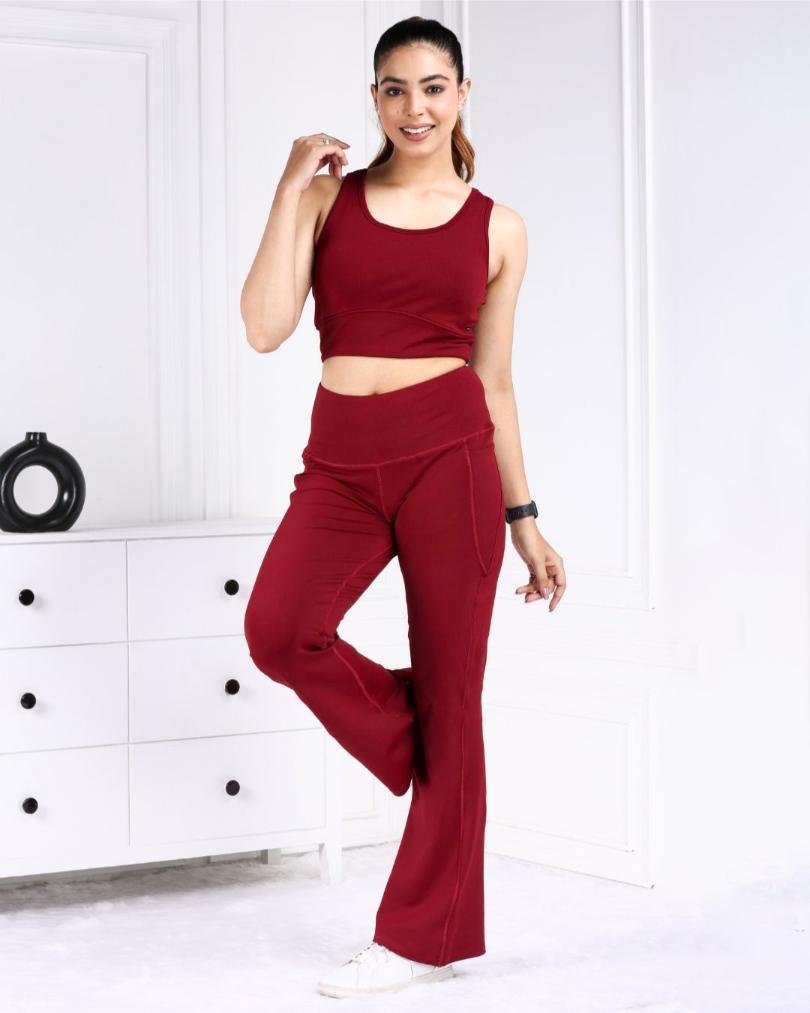 Maroon Melange Active Flare Pants - Active melange flare pants