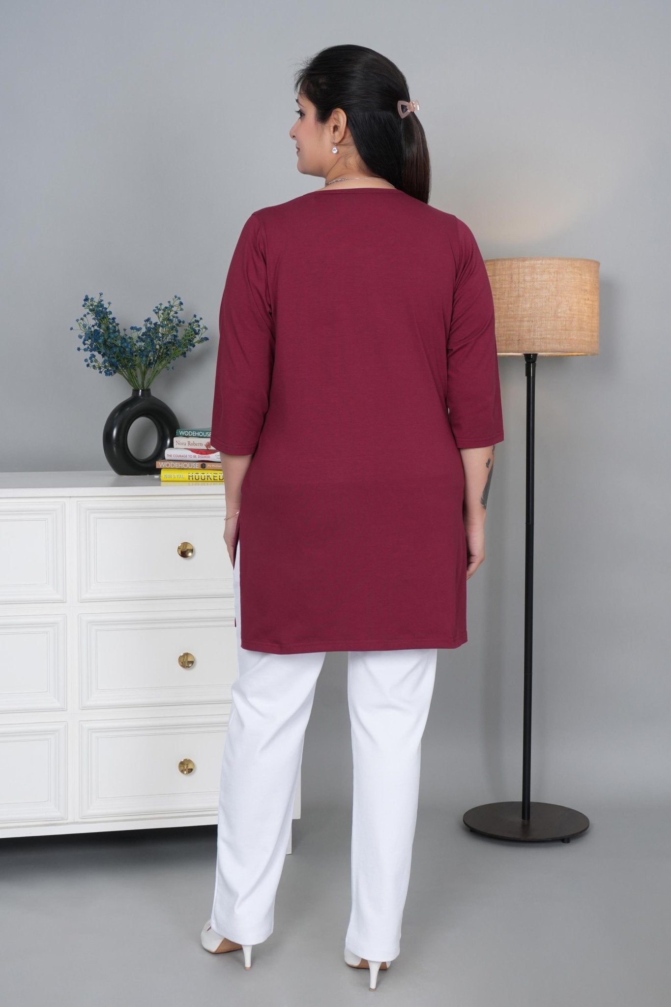 Maroon round neck henley cotton lycra t-shirt with pockets - Long cotton t-shirt
