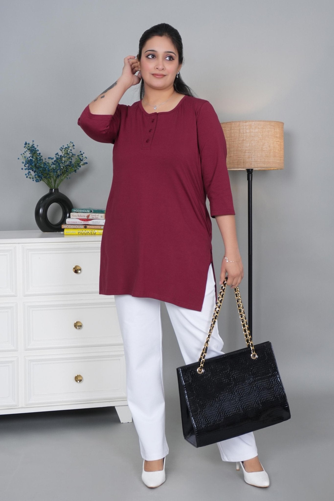 Maroon round neck henley cotton lycra t-shirt with pockets - Long cotton t-shirt