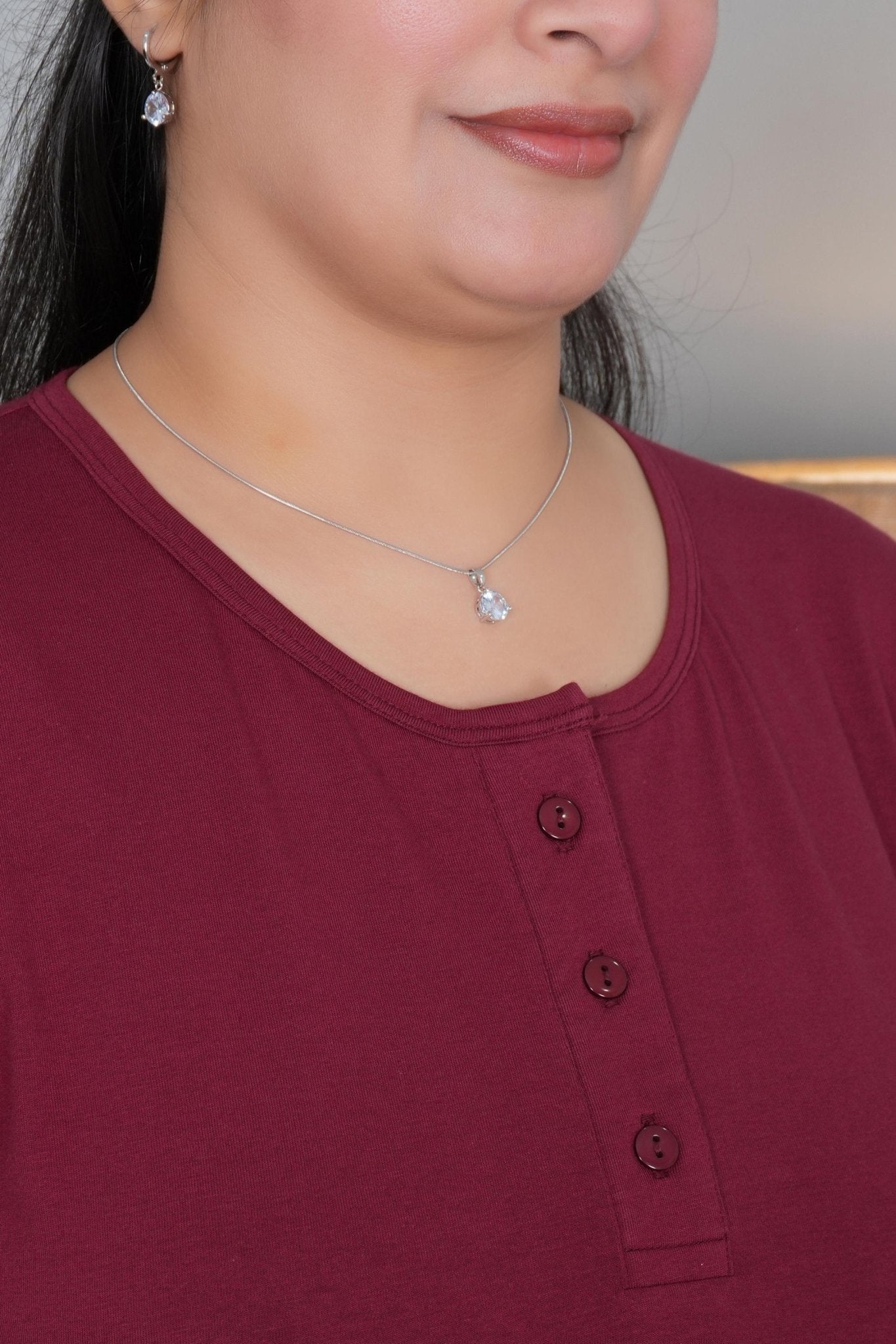 Maroon round neck henley cotton lycra t-shirt with pockets - Long cotton t-shirt