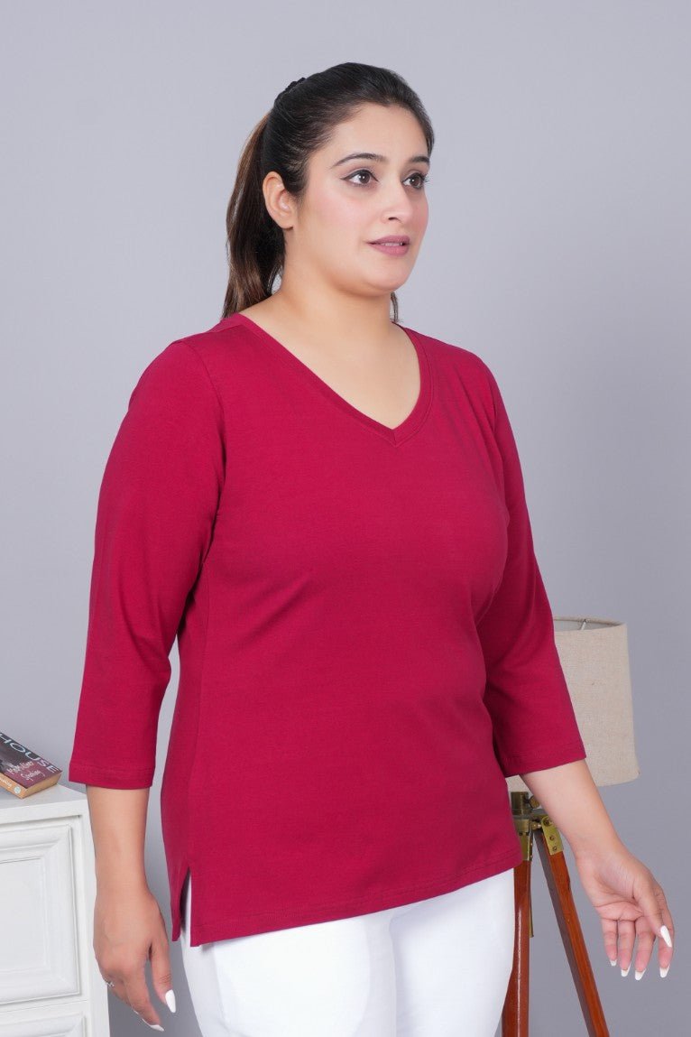 Maroon V neck cotton full sleeve t shirt - Full sleeve v neck cotton t shirt