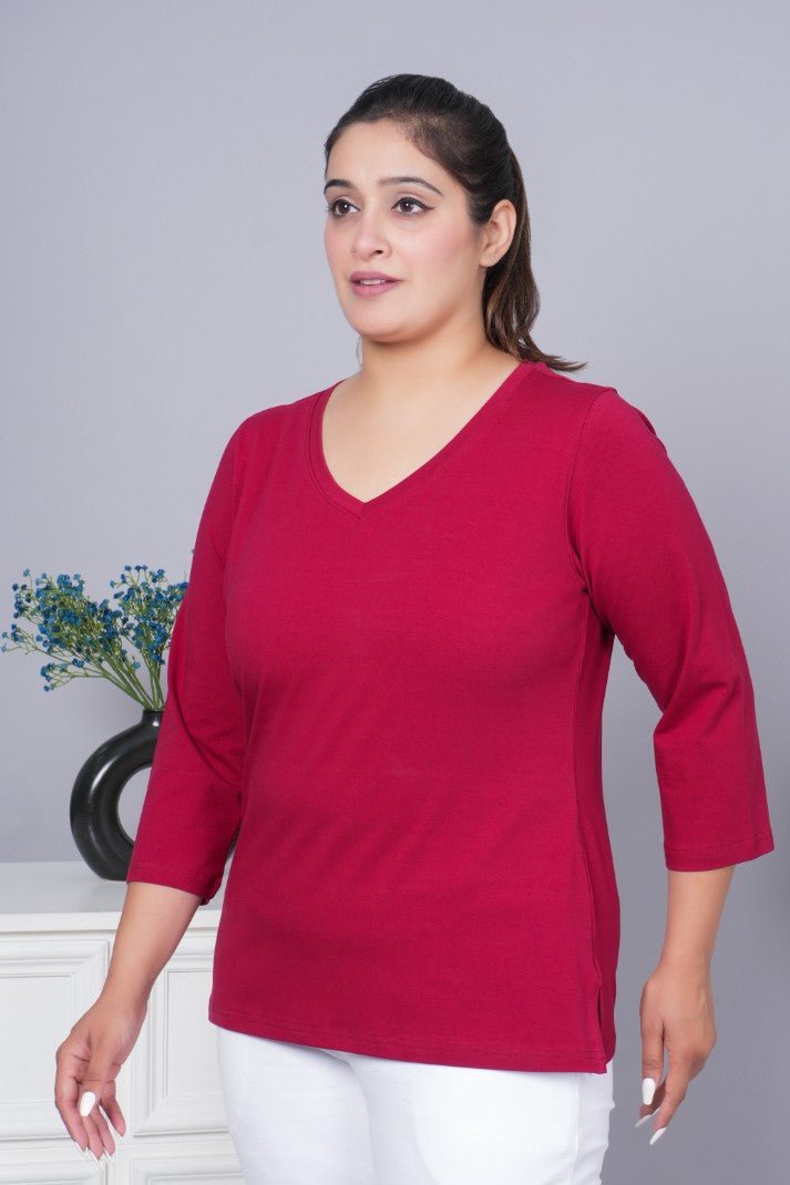 Maroon V neck cotton full sleeve t shirt - Full sleeve v neck cotton t shirt