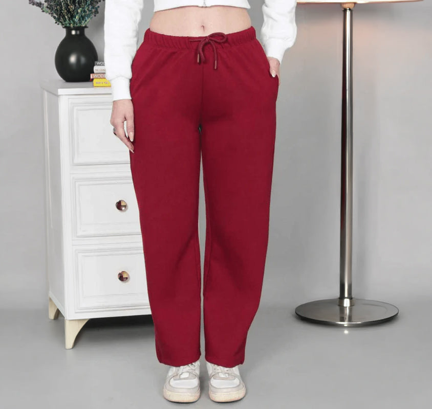 Maroon winter warm flare pants with superior elastic belt.