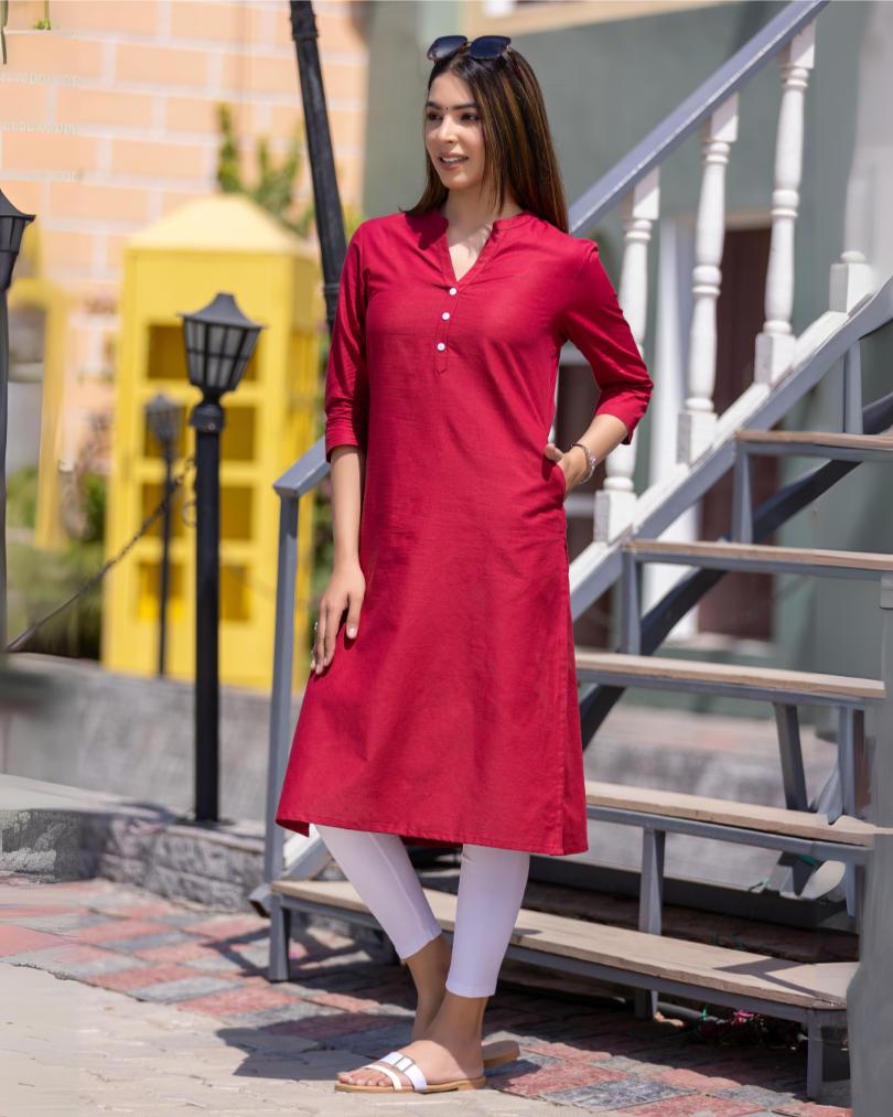 Mehroon Cotton Linen Long Kurti for officewear - Long kurti