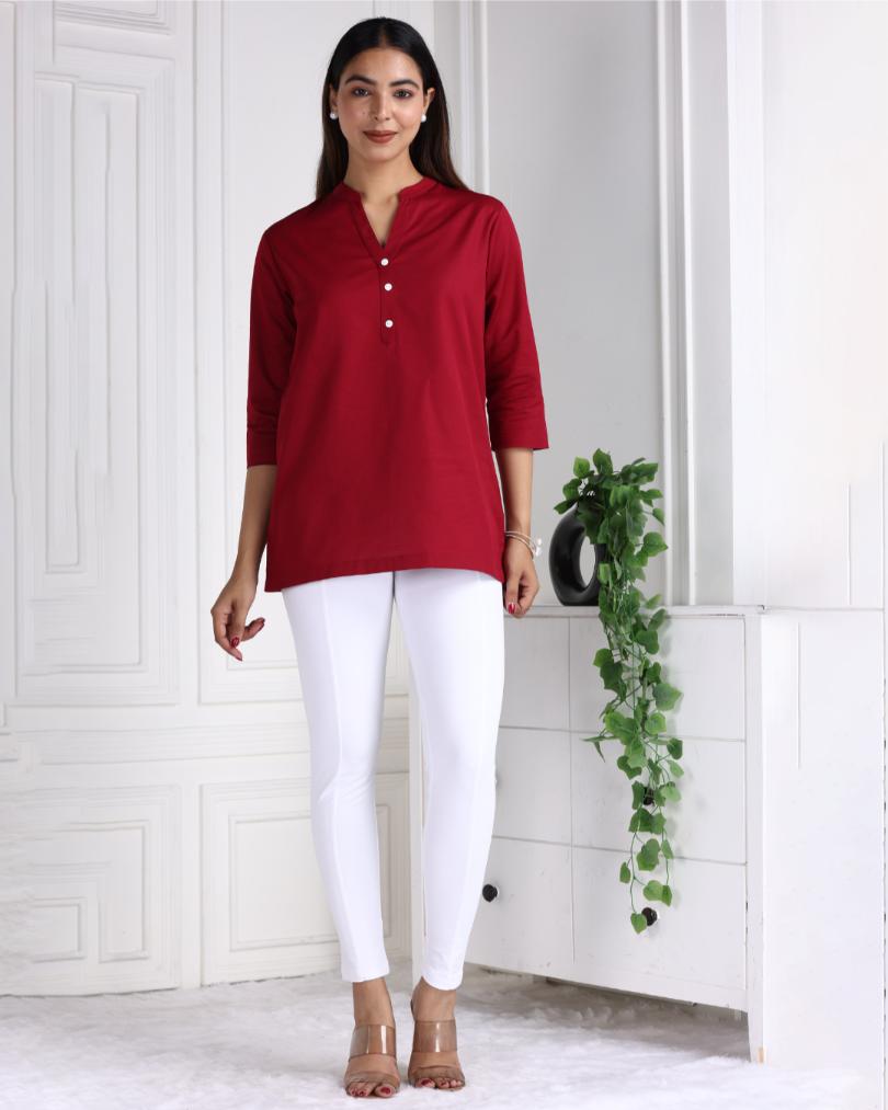 Mehroon Cotton Linen Short Kurti - Short kurta