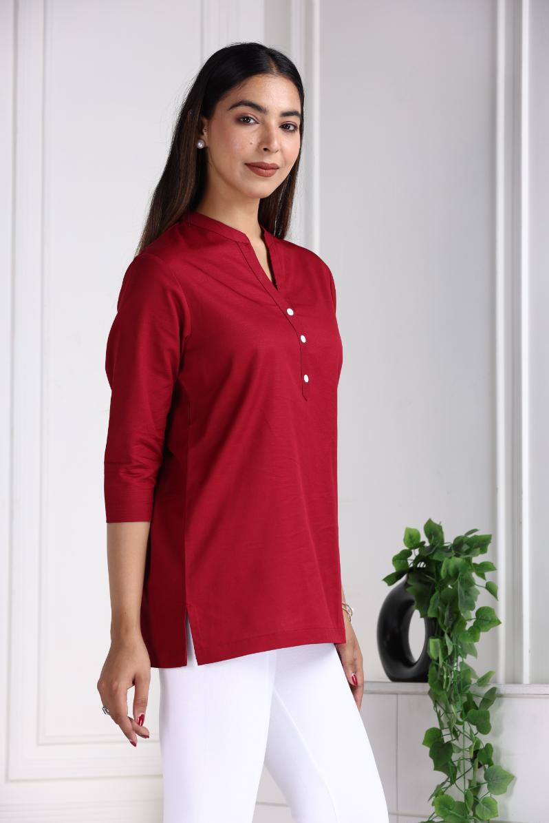 Mehroon Cotton Linen Short Kurti - Short kurta