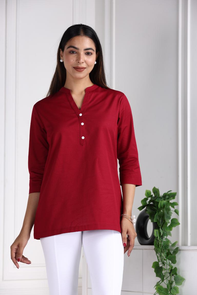 Mehroon Cotton Linen Short Kurti - Short kurta