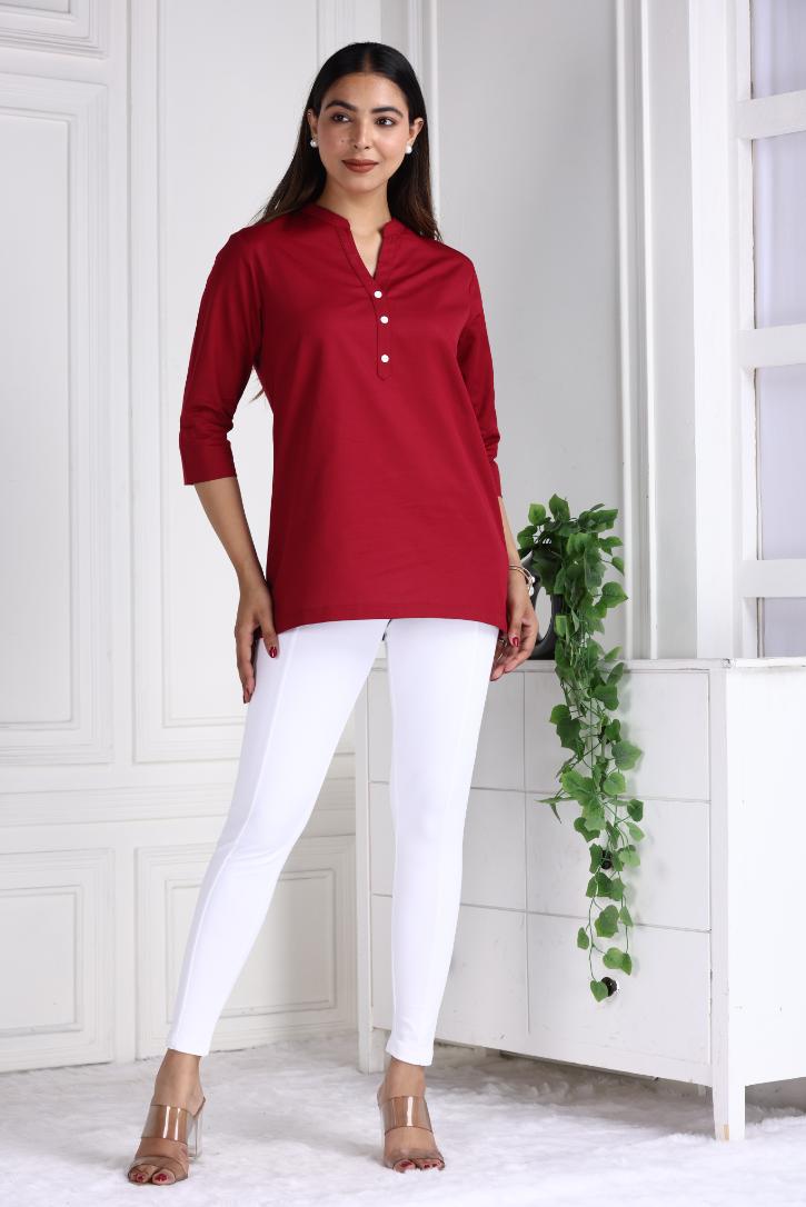 Mehroon Cotton Linen Short Kurti - Short kurta