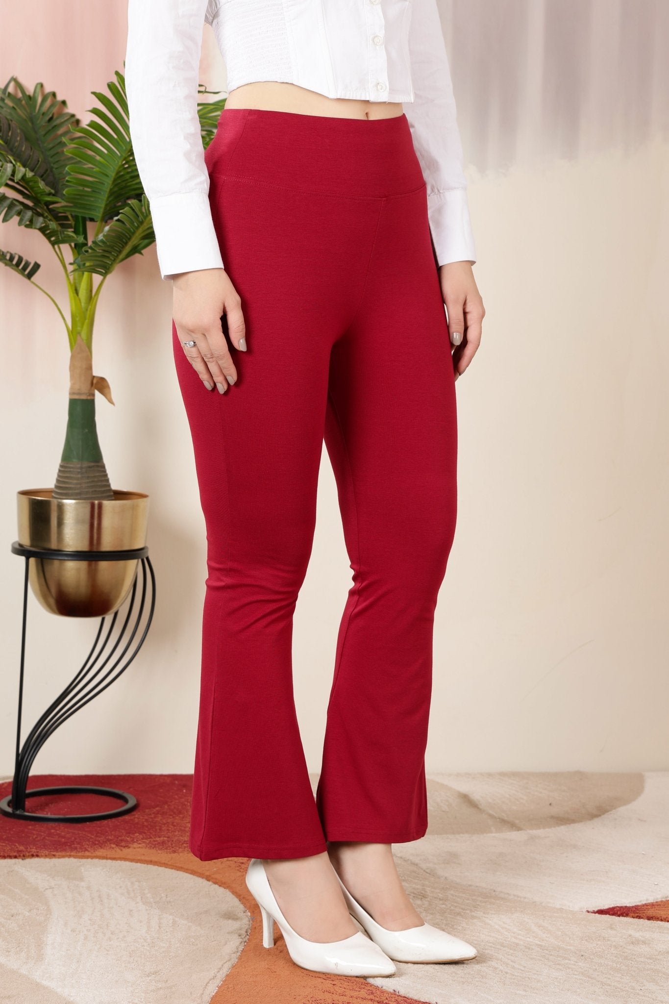 Mehroon stretchable biowash cotton lycra flare legging with superior elastic belt. -Cotton flare