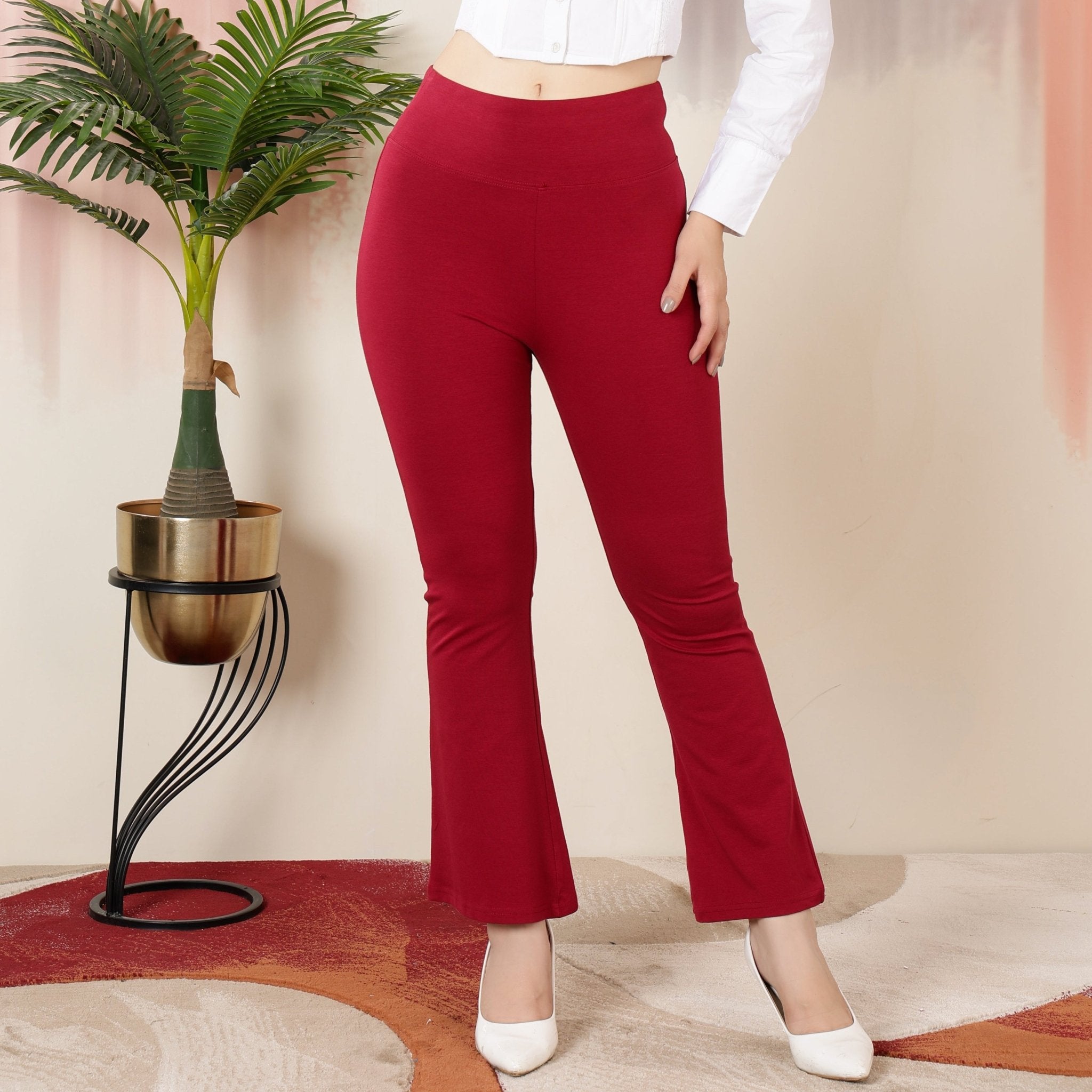 Mehroon stretchable biowash cotton lycra flare legging with superior elastic belt. -Cotton flare
