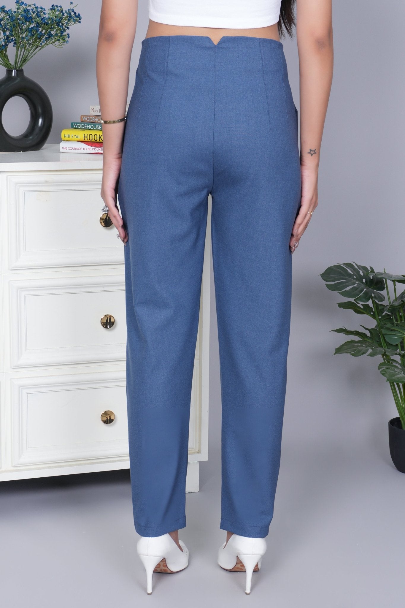 Mid night blue high waist pleated pant with spandex [Straight fit] - High waist pleated pant