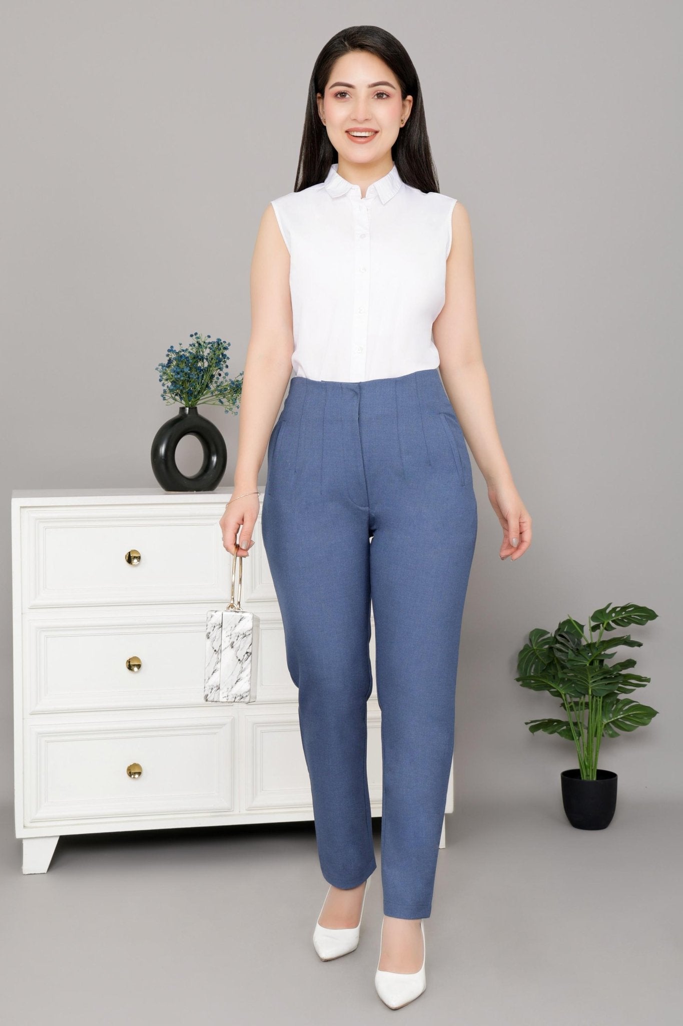 Mid night blue high waist pleated pant with spandex [Straight fit] -High waist pleated pant