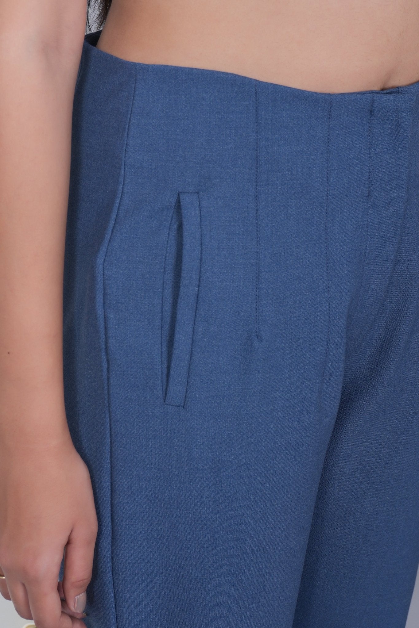 Mid night blue high waist pleated pant with spandex [Straight fit] - High waist pleated pant