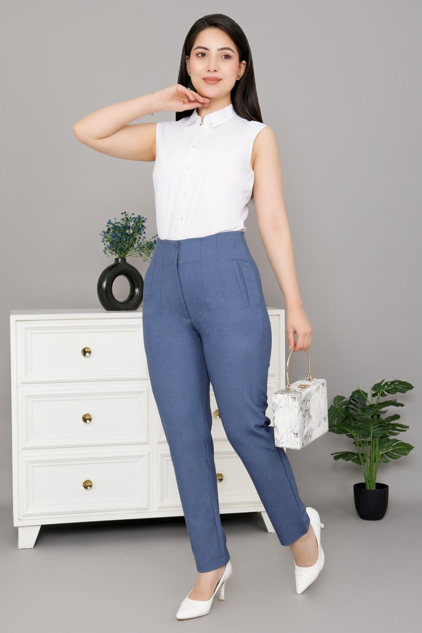 Mid night blue high waist pleated pant with spandex [Straight fit] -High waist pleated pant