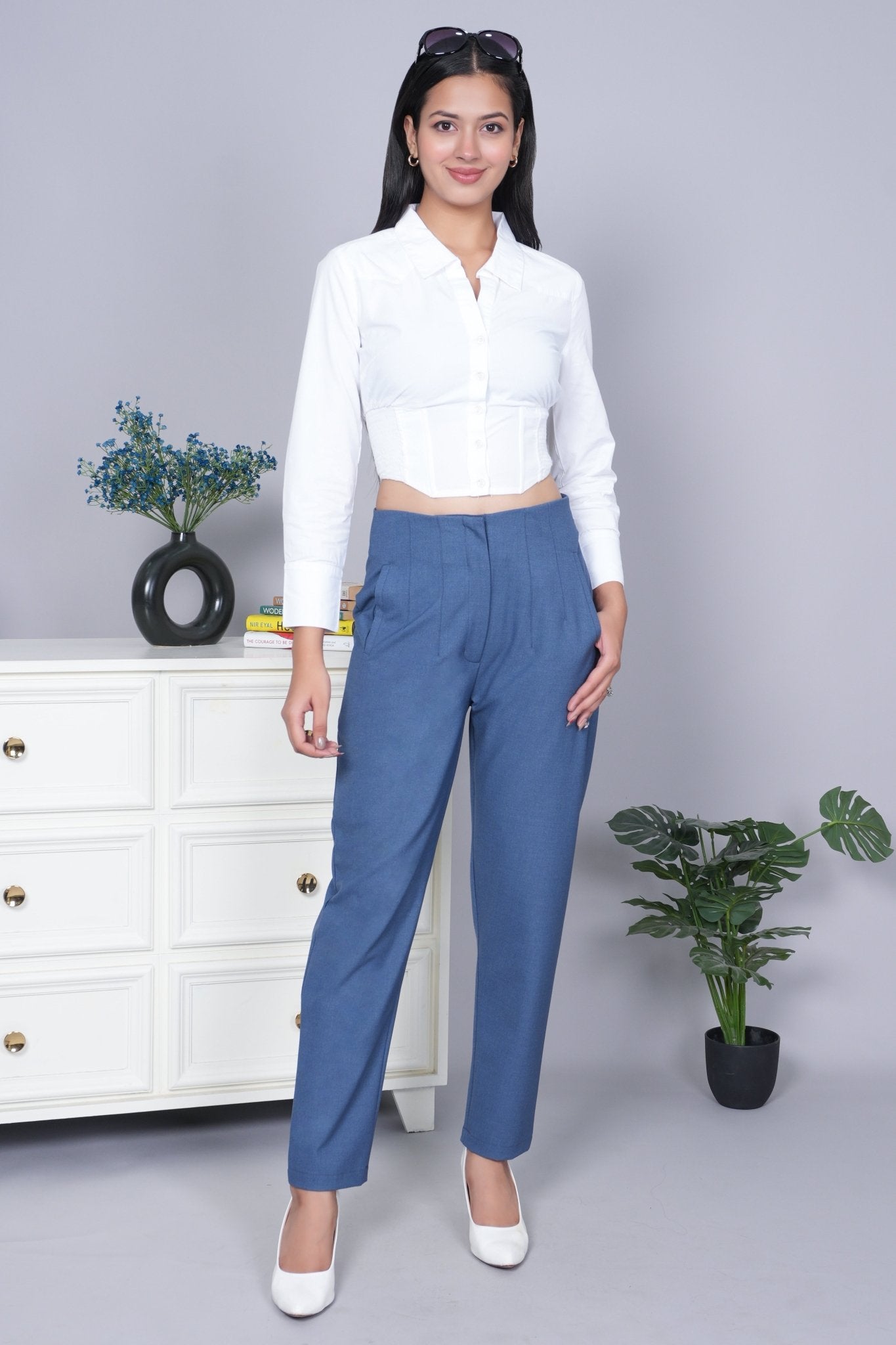 Mid night blue high waist pleated pant with spandex [Straight fit] - High waist pleated pant