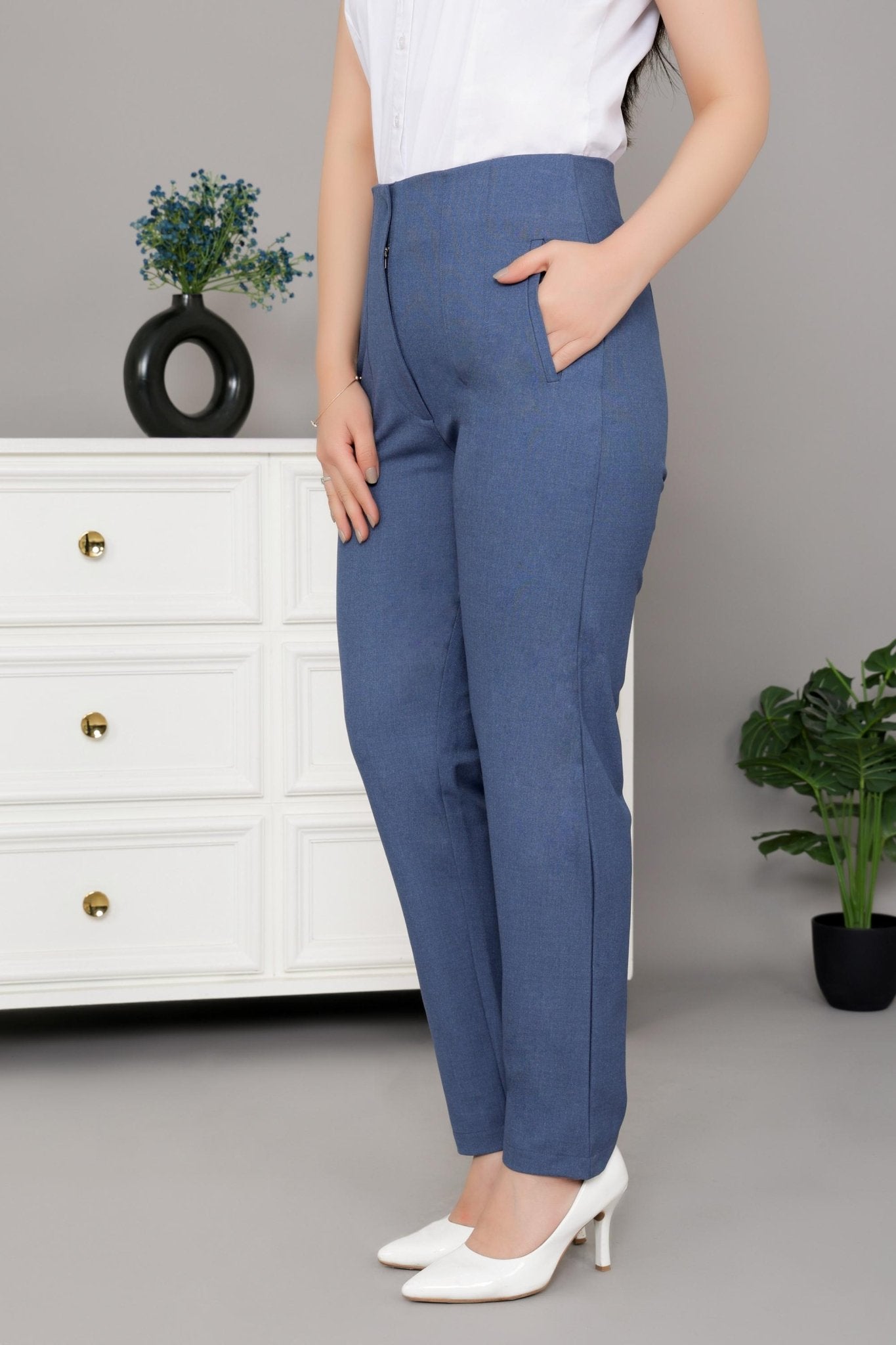 Mid night blue high waist pleated pant with spandex [Straight fit] -High waist pleated pant