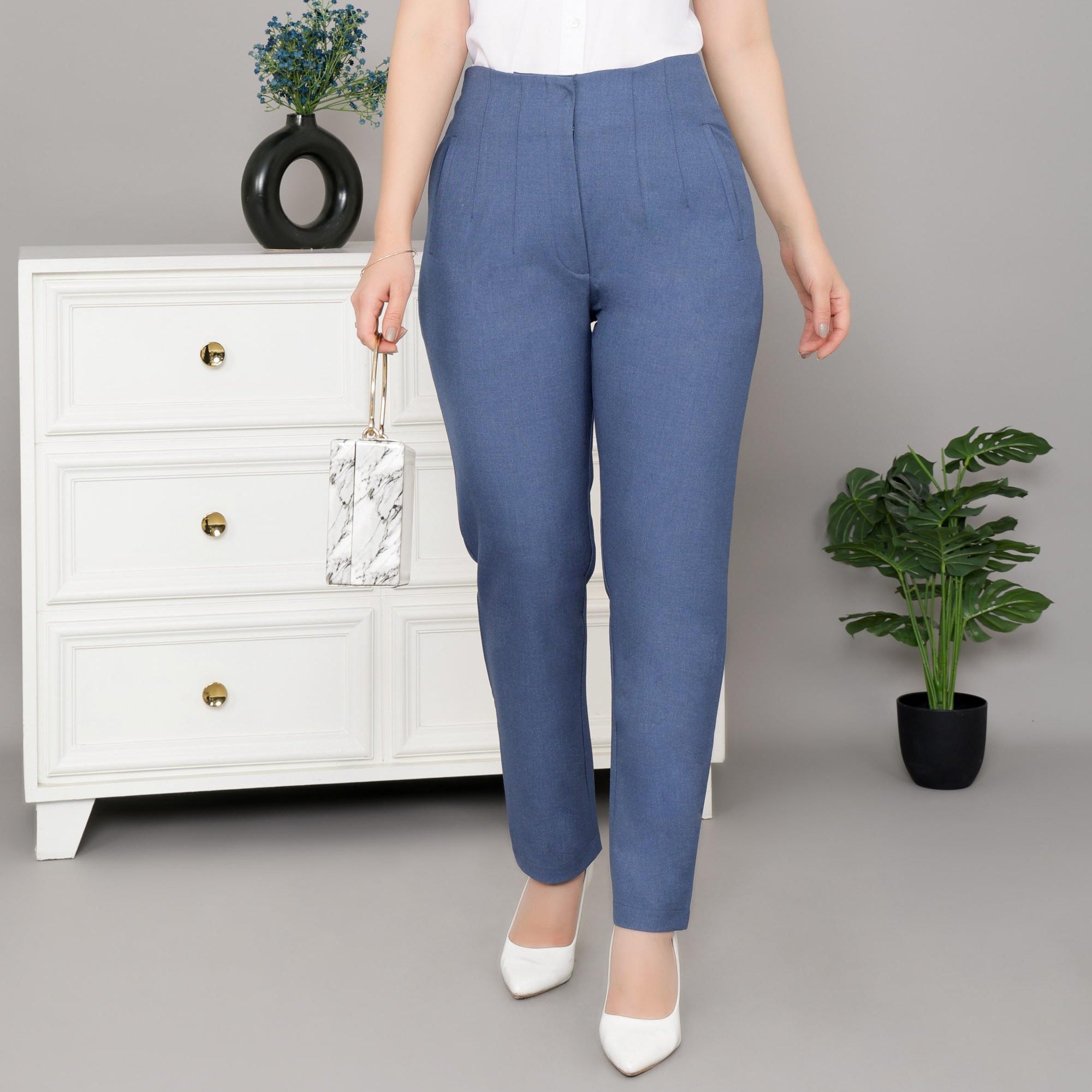 Mid night blue high waist pleated pant with spandex [Straight fit] -High waist pleated pant
