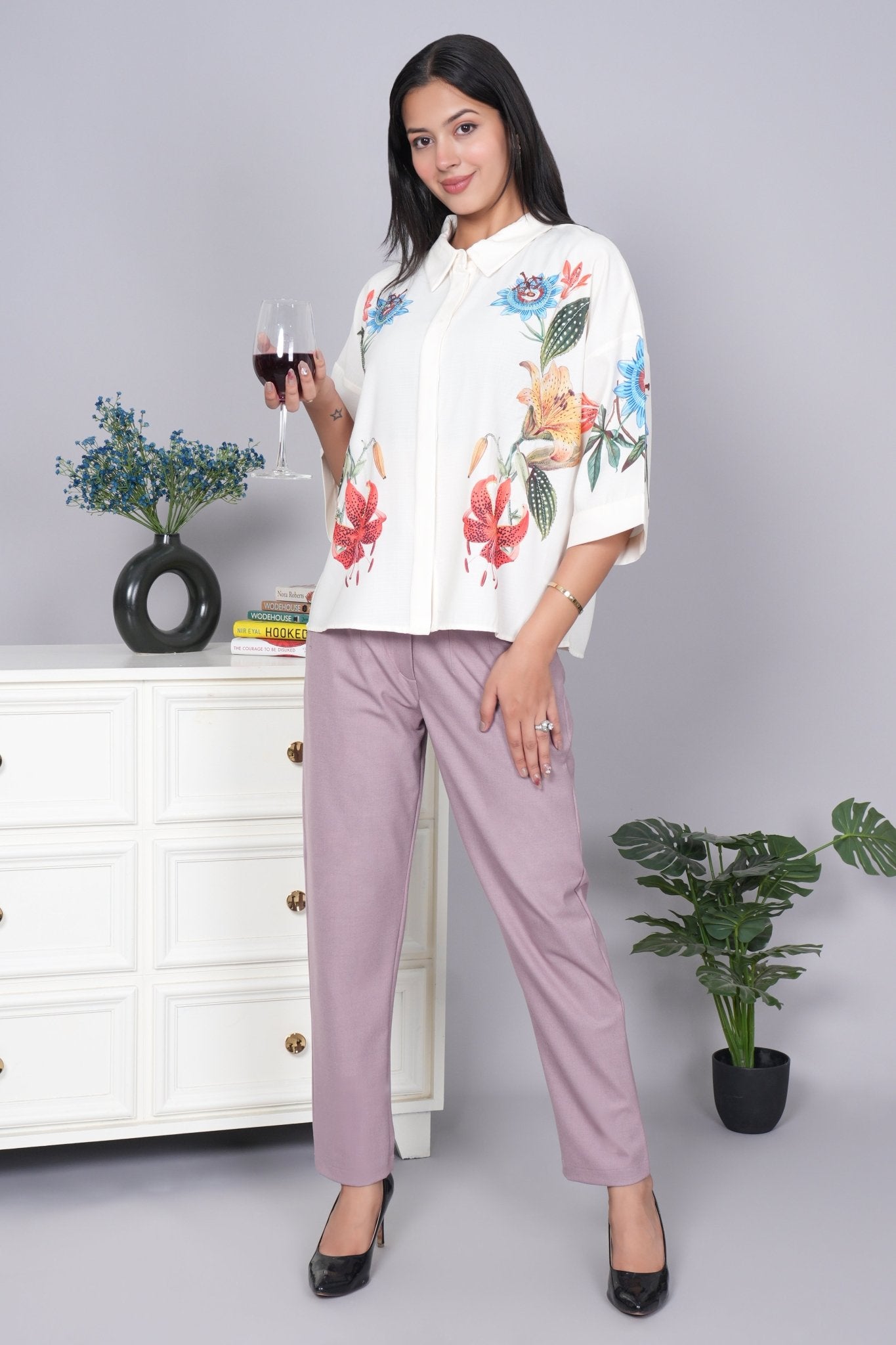 Misty rose high waist pleated pant with spandex [Straight fit] - High waist pleated pant