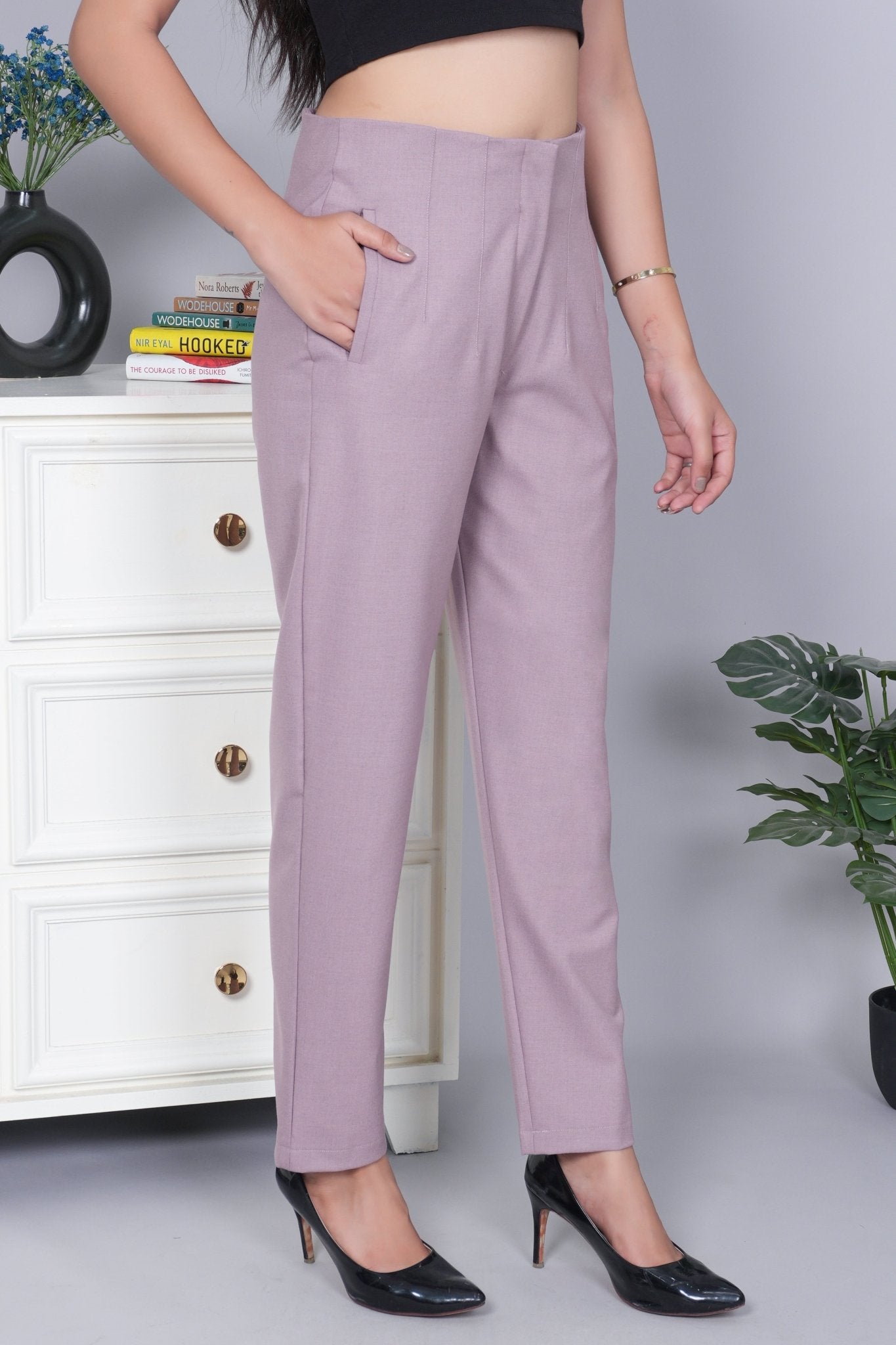 Misty rose high waist pleated pant with spandex [Straight fit] - High waist pleated pant