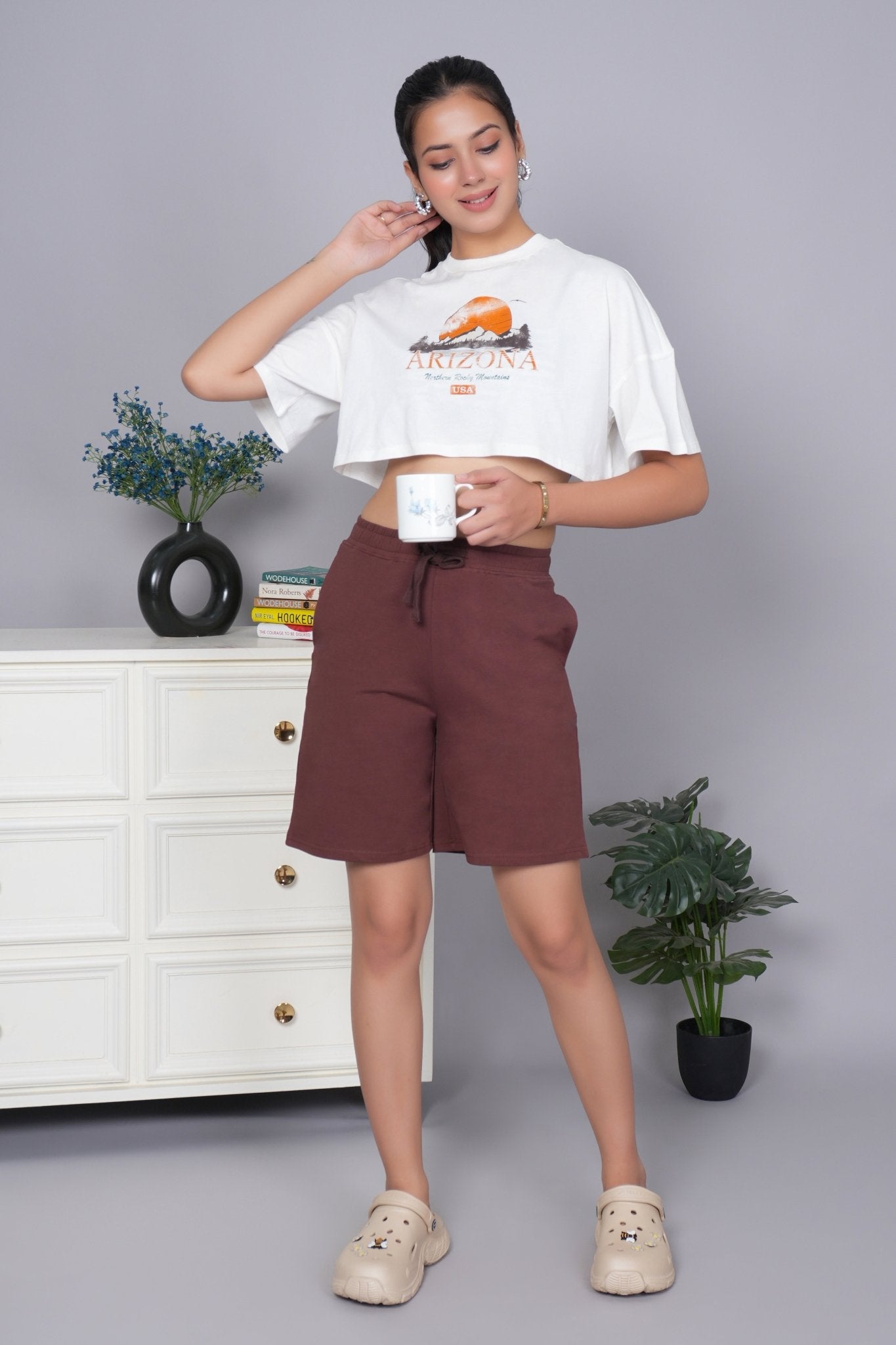 Mocha all day home shorts with extra comfort. [100% USA HQ Cotton Lycra] - All day home shorts