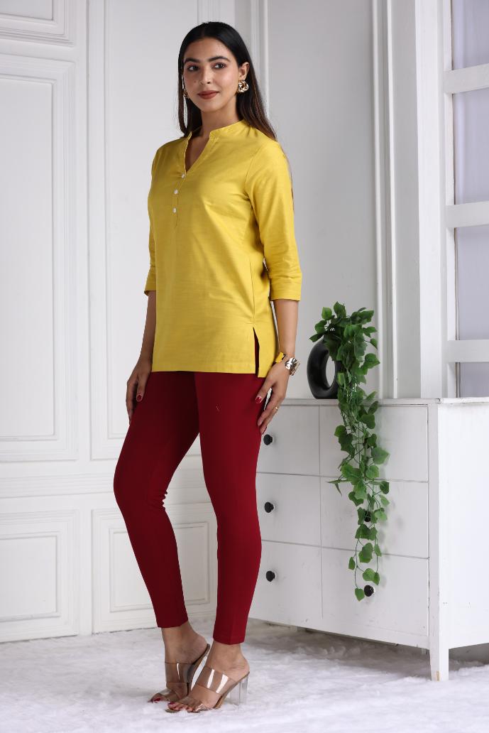 Mustard Cotton Linen Short Kurti - Short kurta