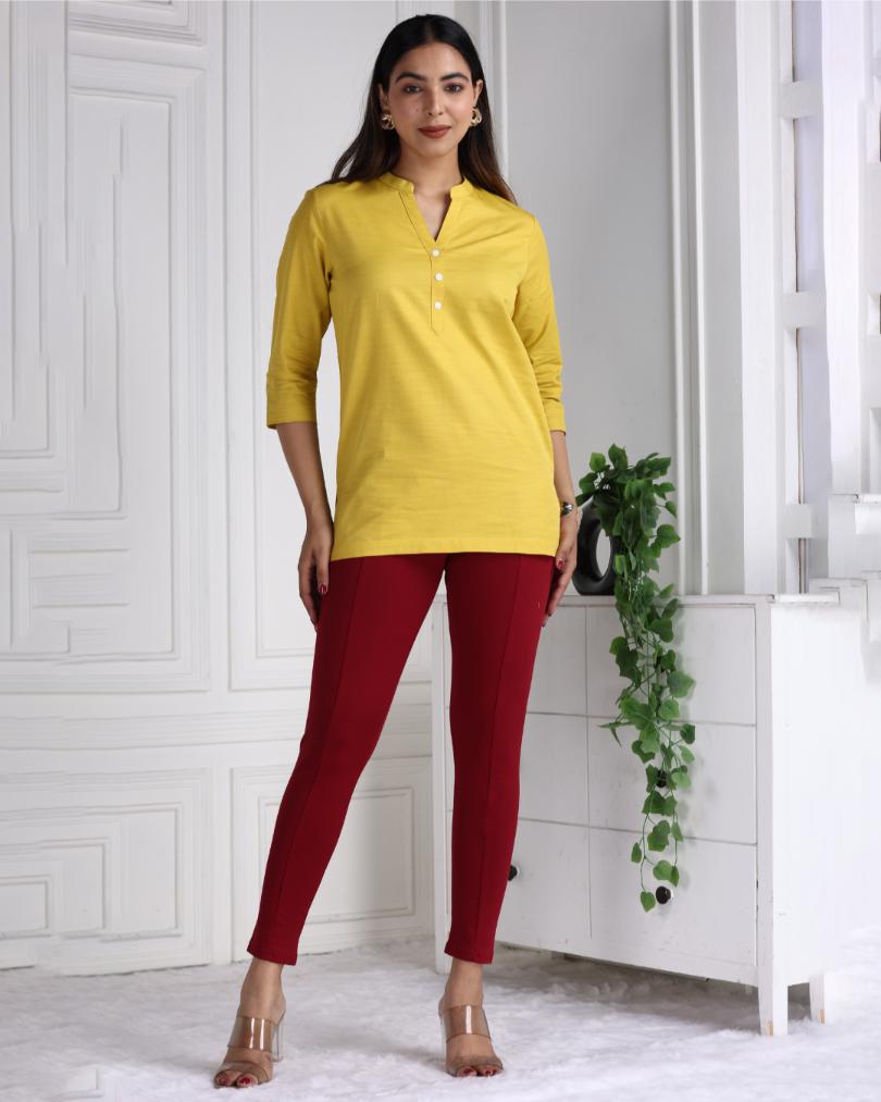 Mustard Cotton Linen Short Kurti - Short kurta