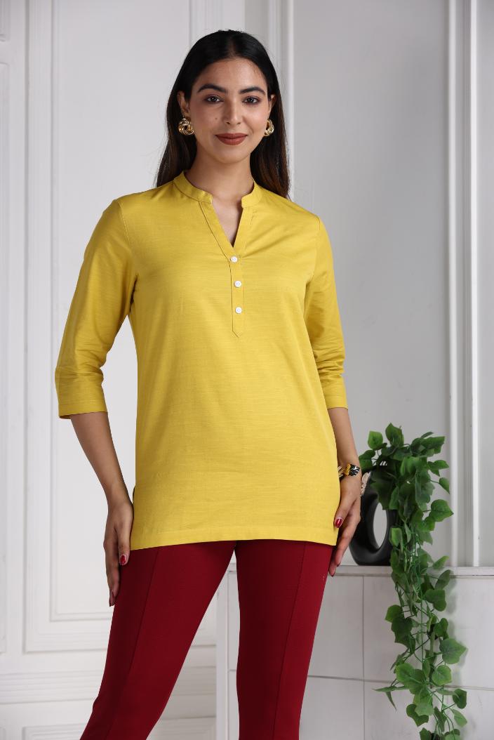 Mustard Cotton Linen Short Kurti - Short kurta