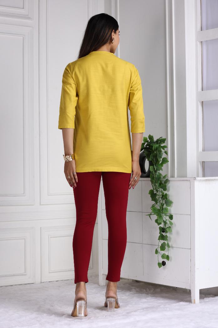 Mustard Cotton Linen Short Kurti - Short kurta