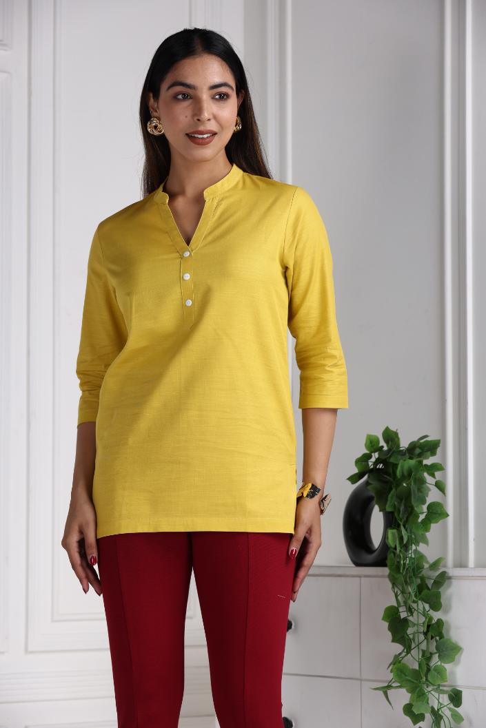 Mustard Cotton Linen Short Kurti - Short kurta