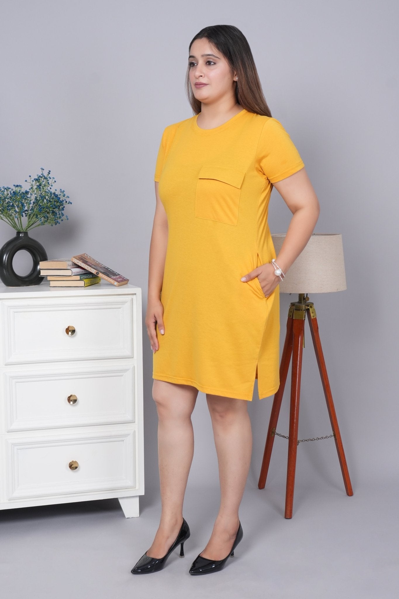 Mustard cotton round neck dress with flap pocket - Flap pocket dress