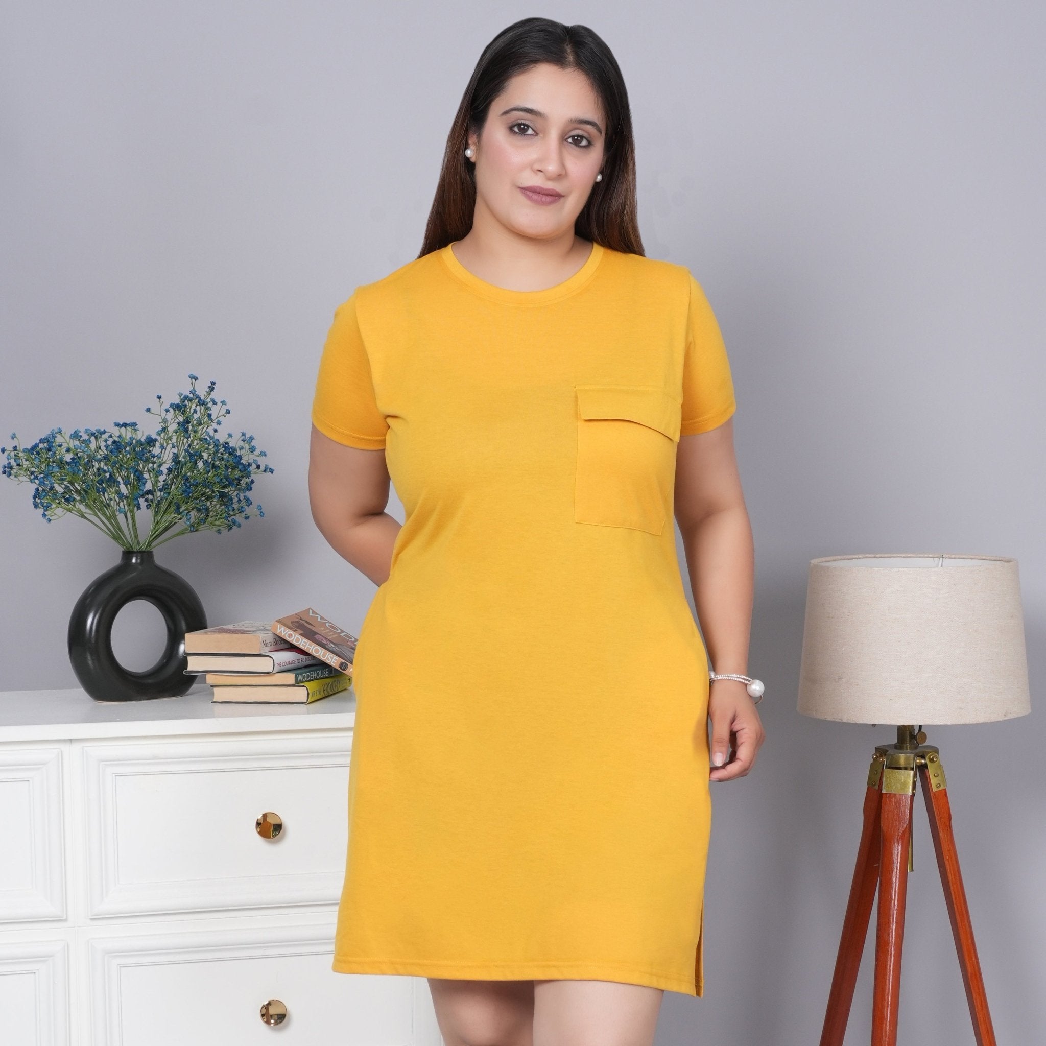 Mustard cotton round neck dress with flap pocket - Flap pocket dress