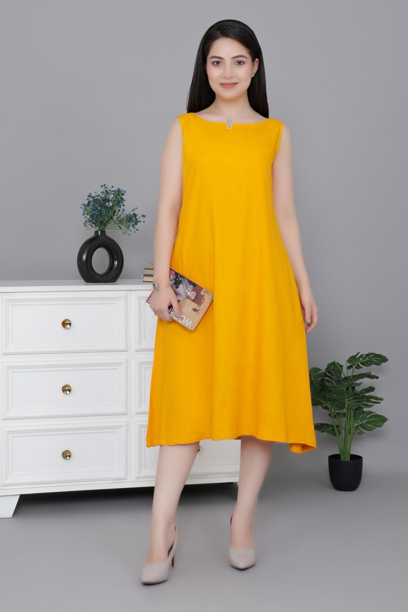 Mustard rayon flare dress with pocket [ Premium 100% Rayon, Liva Certified ] -Rayon flare dress with pocket