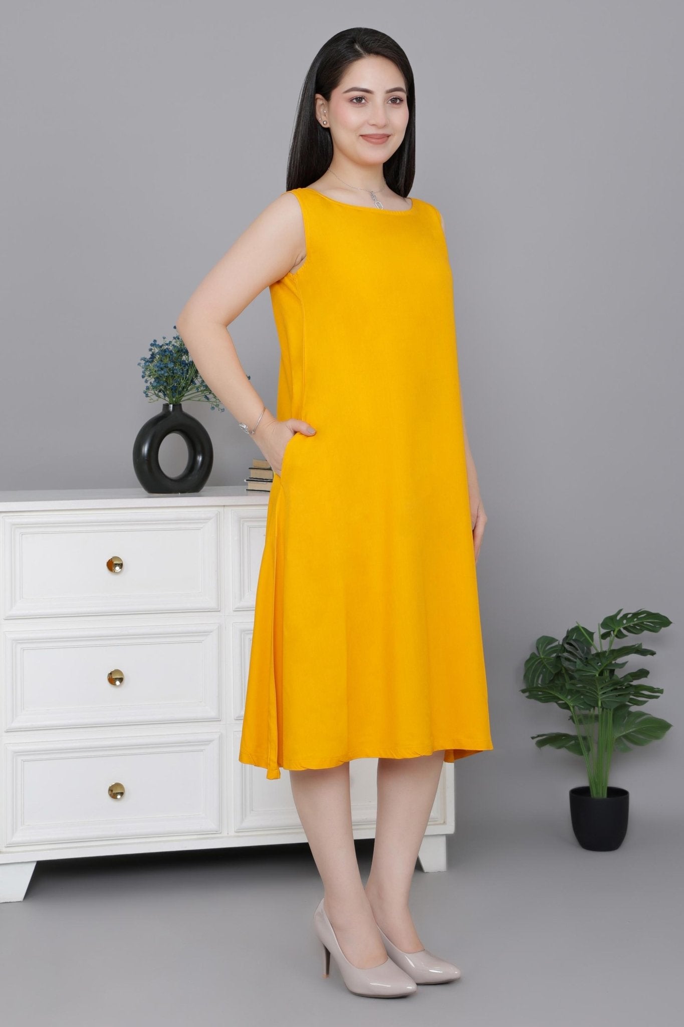 Mustard rayon flare dress with pocket [ Premium 100% Rayon, Liva Certified ] -Rayon flare dress with pocket