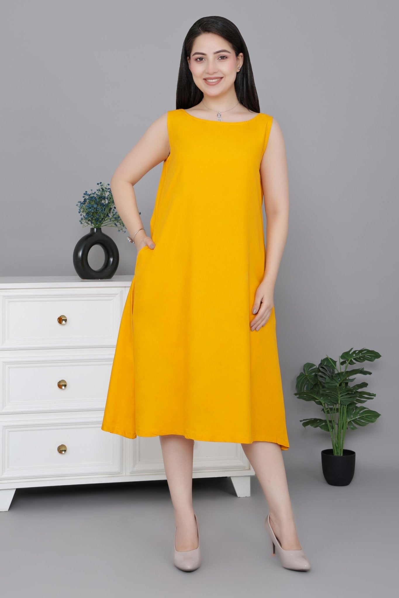 Mustard rayon flare dress with pocket [ Premium 100% Rayon, Liva Certified ] -Rayon flare dress with pocket