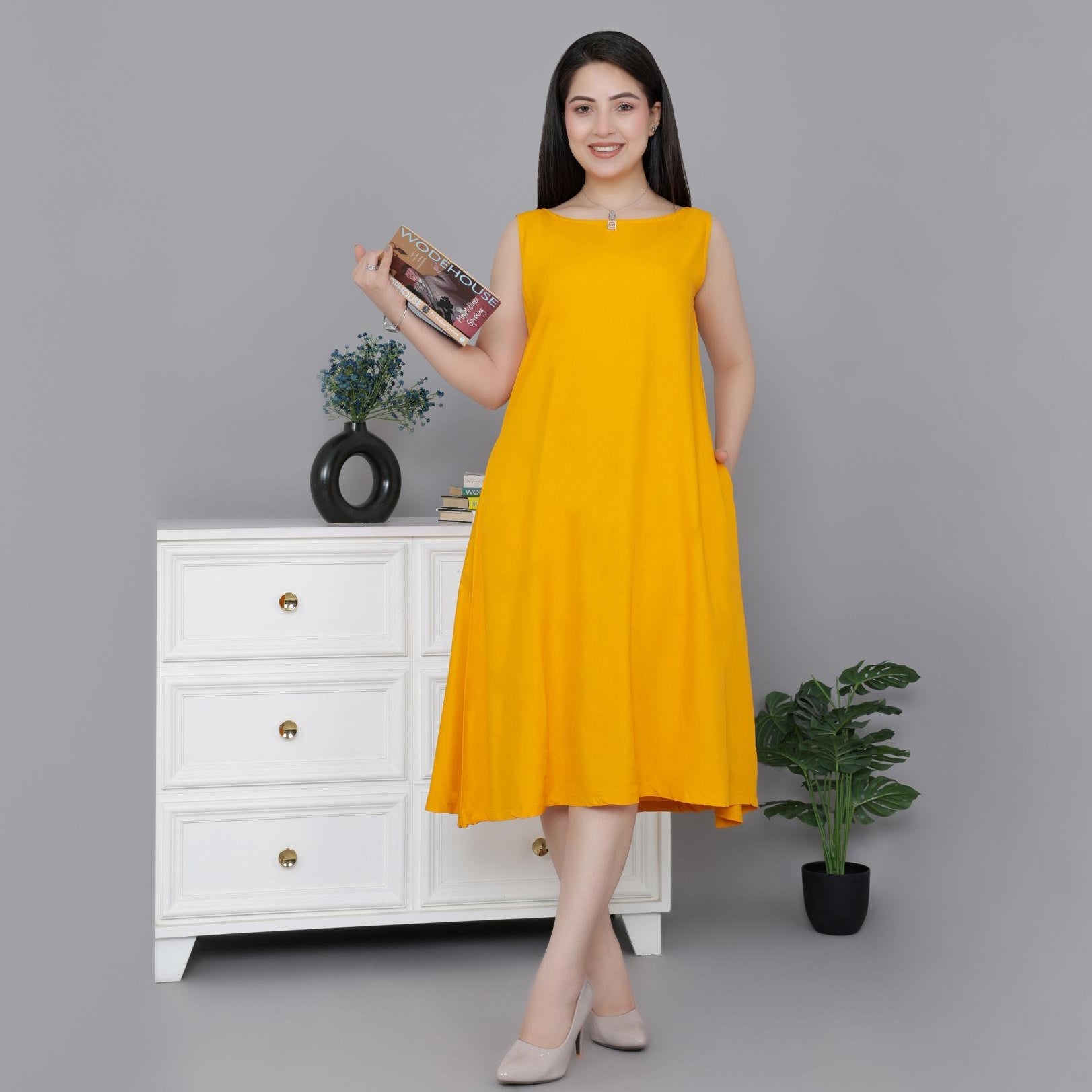 Mustard rayon flare dress with pocket [ Premium 100% Rayon, Liva Certified ] -Rayon flare dress with pocket