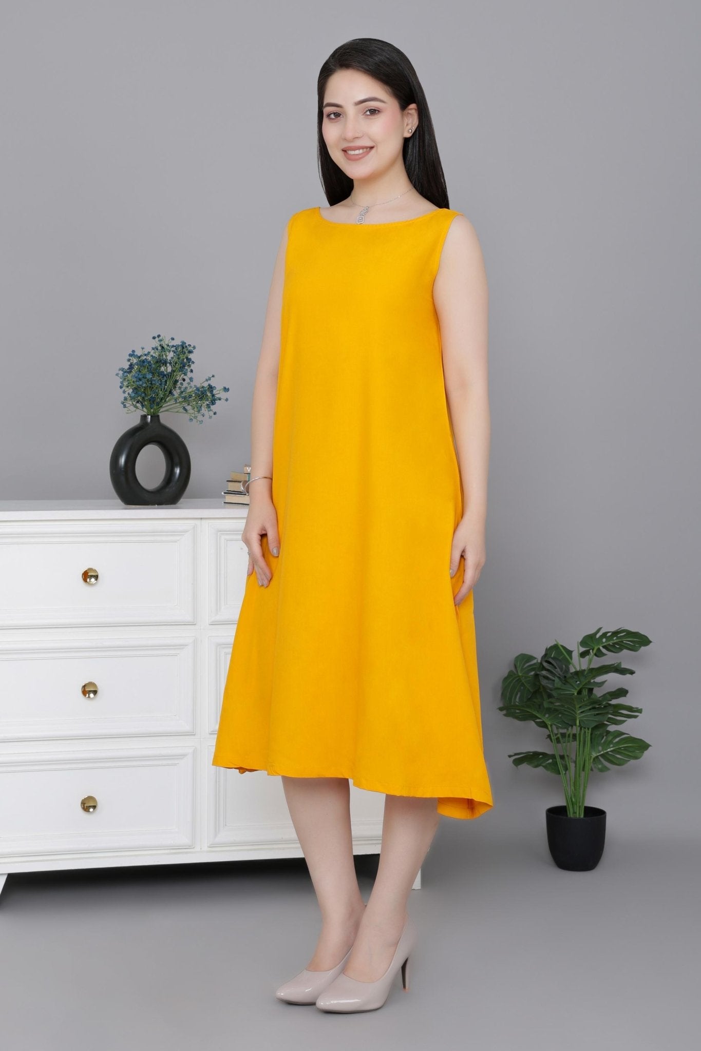 Mustard rayon flare dress with pocket [ Premium 100% Rayon, Liva Certified ] -Rayon flare dress with pocket